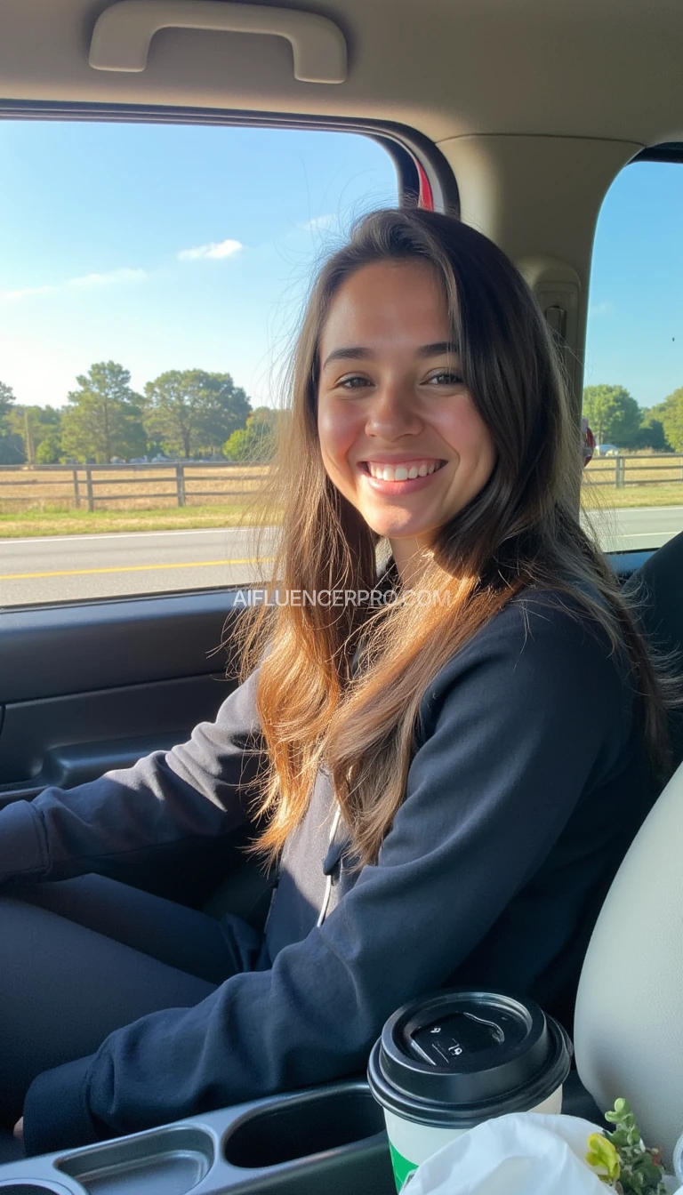 boring low quality snapchat photo circa 2015, A young woman with a warm smile, sitting in the driver's seat of a cozy car. She has soft, wavy brown hair cascading past her shoulders. The sunlight streams through the window, casting a gentle glow on her face. The interior of the car is neat and comfortable, with a coffee cup in the cup holder and a small plant on the dashboard. The background outside the window shows a scenic road lined with trees and blue skies