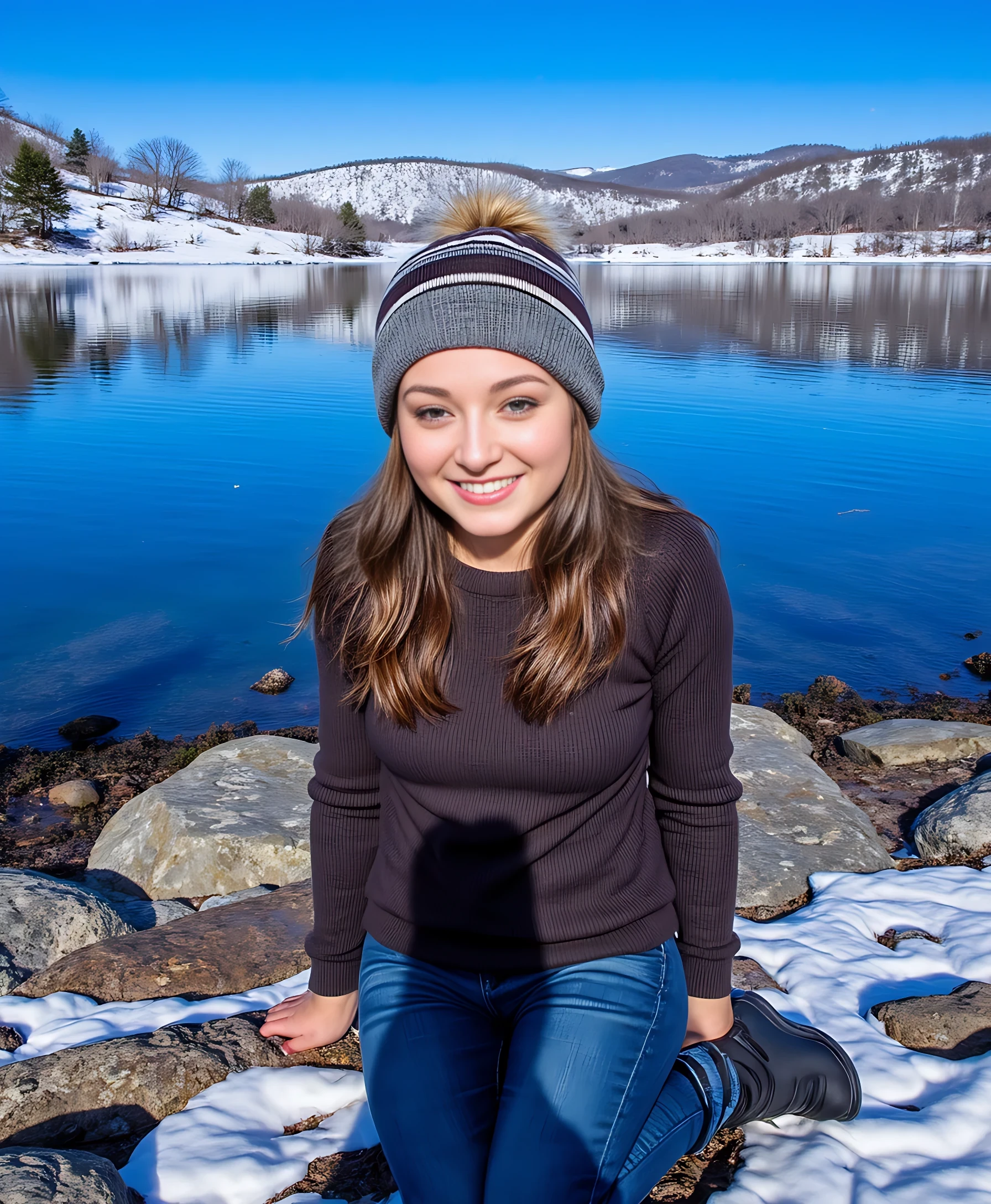 A person is sitting on a rocky lakeshore in casual attire, wearing a striped beanie and black boots. Their expression is playful, with one eye closed and a bright grin. In the background, there's a serene lake reflecting the snow-dusted trees and hills on a clear, sunny day. The sky is bright blue, adding to the crisp, outdoor atmosphere. CSTMDL 