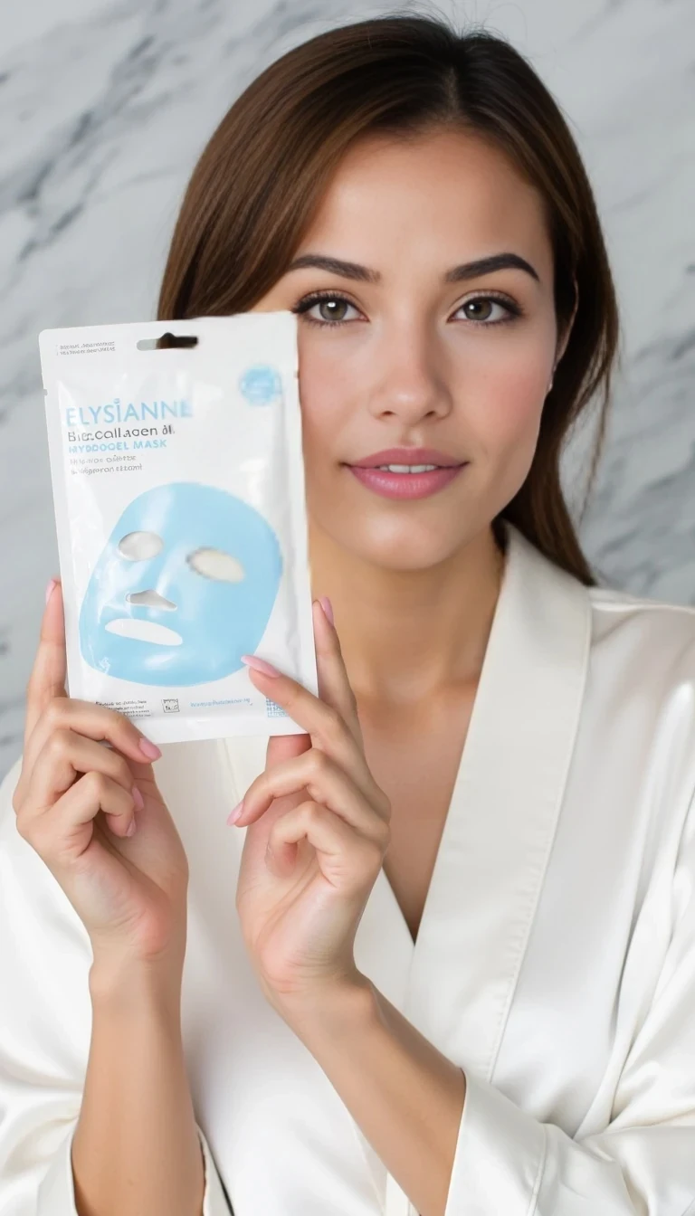 Elina in a white silk robe holds the Elysianne Bio-Collagen Hydrogel Mask (package much bigger than her hands) beside her cheek. No products on her face, Soft daylight, marble background, close-up on her radiant skin.