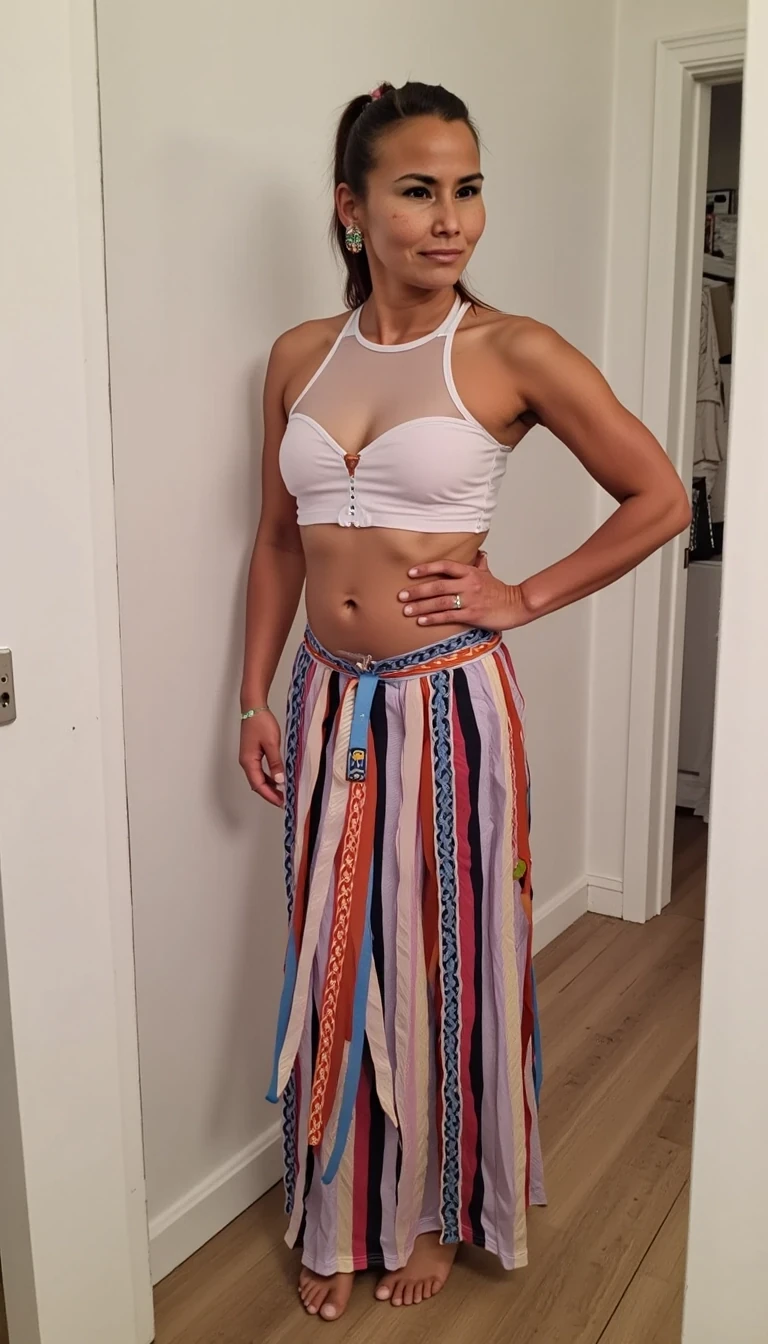 A full body selfie photo of CSTMDL a slim 35-year-old adult native American woman with light brown skin tone, she is facing and looking at the camera, she is posing seductively for the camera, she maintains intense eye contact with the camera at all times, she has cute pigtails, she is wearing a long contemporary native American ribbon skirt that has horizontal ribbons on it with a see through white tank top, realistic, no earrings, award winning photography, professional lighting, 