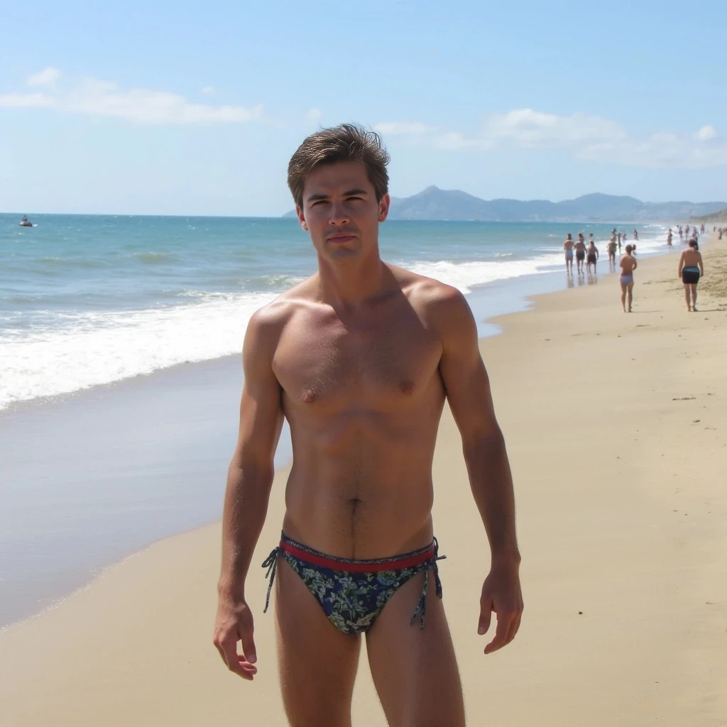 With no shirt at the beach