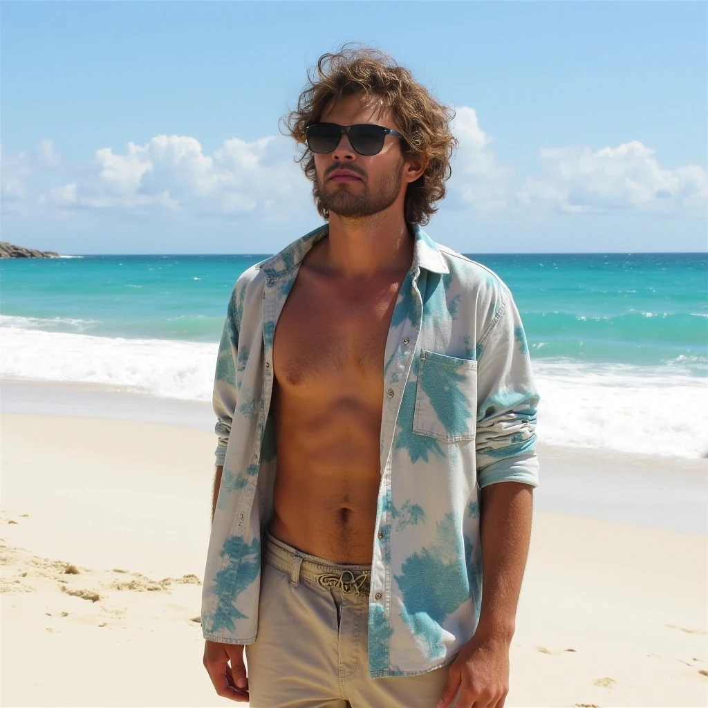 With no shirt at the beach