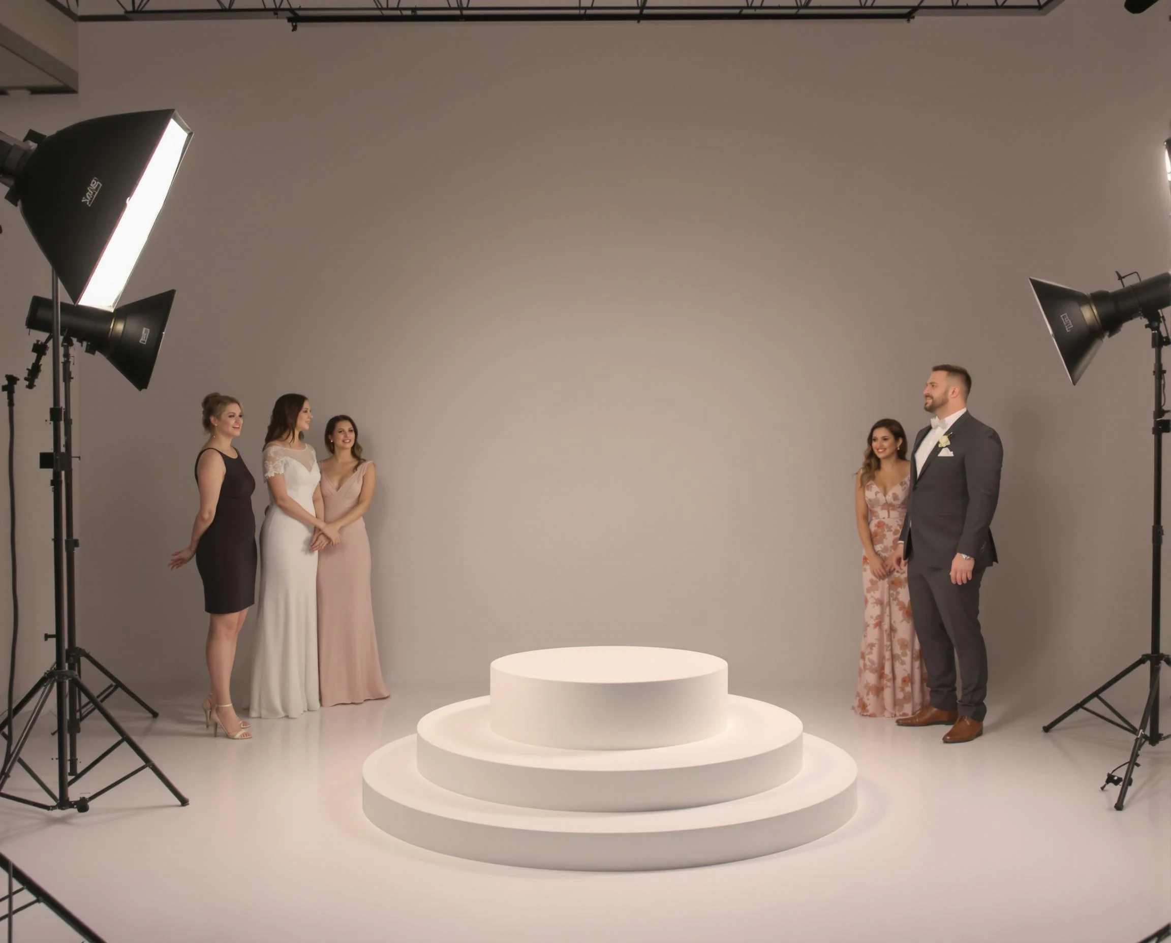 A modern photo studio with professional studio lighting, featuring soft, diffused key lights and a clean, neutral backdrop. In the center of the composition is an empty placeholder object (e.g., a neutral, simple pedestal) designed to be replaced later with a subject. Surrounding the placeholder, at the sides of tte pedestal, are wedding guests dressed in elegant attire, arranged casually as if waiting for the main subject to take their place. The atmosphere should feel celebratory and warm, with the lighting highlighting the guests and casting subtle, natural shadows. Ensure the focus is on the central placeholder, while the wedding guests appear slightly blurred in the background to suggest depth and attention to the center.