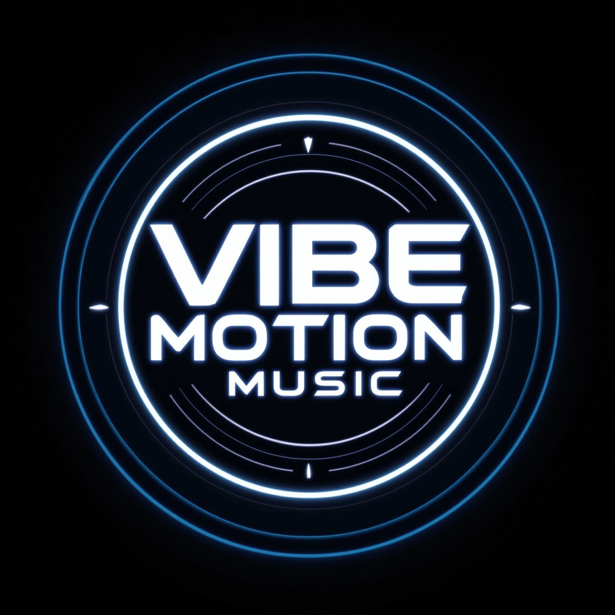 centered circular emblem with bold modern typography inside, glowing neon outline, high contrast black and white design, futuristic clean vector look, symmetrical balance, placed on a soft gradient background (dark blue to black), perfect for music branding" text "Vibe Motion Music" need to be inside. no trap nation music text.
