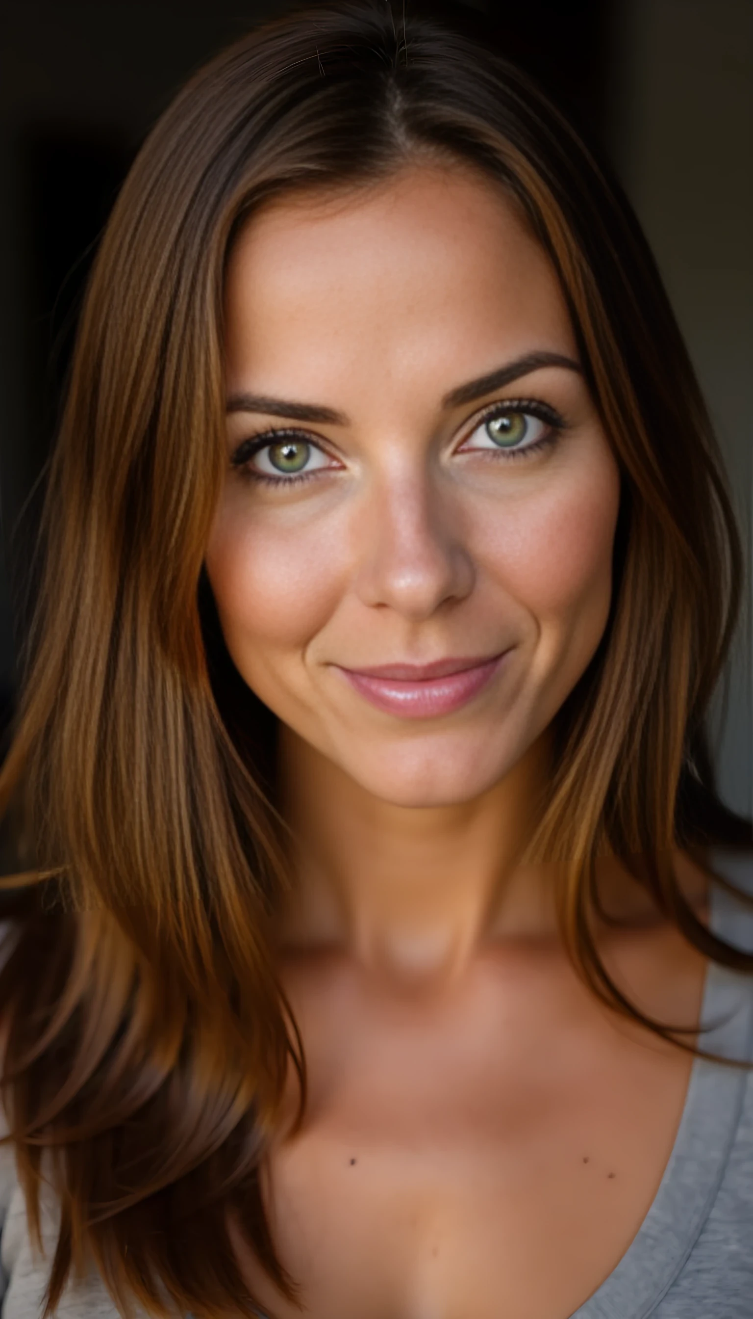 A portrait photo of a beautiful 44 years old woman, mixed ethnicity of half white American half Brazilian, with chestnut hair, ultra detailed eyes with sharp iris reflections, slight smile, studio high-quality