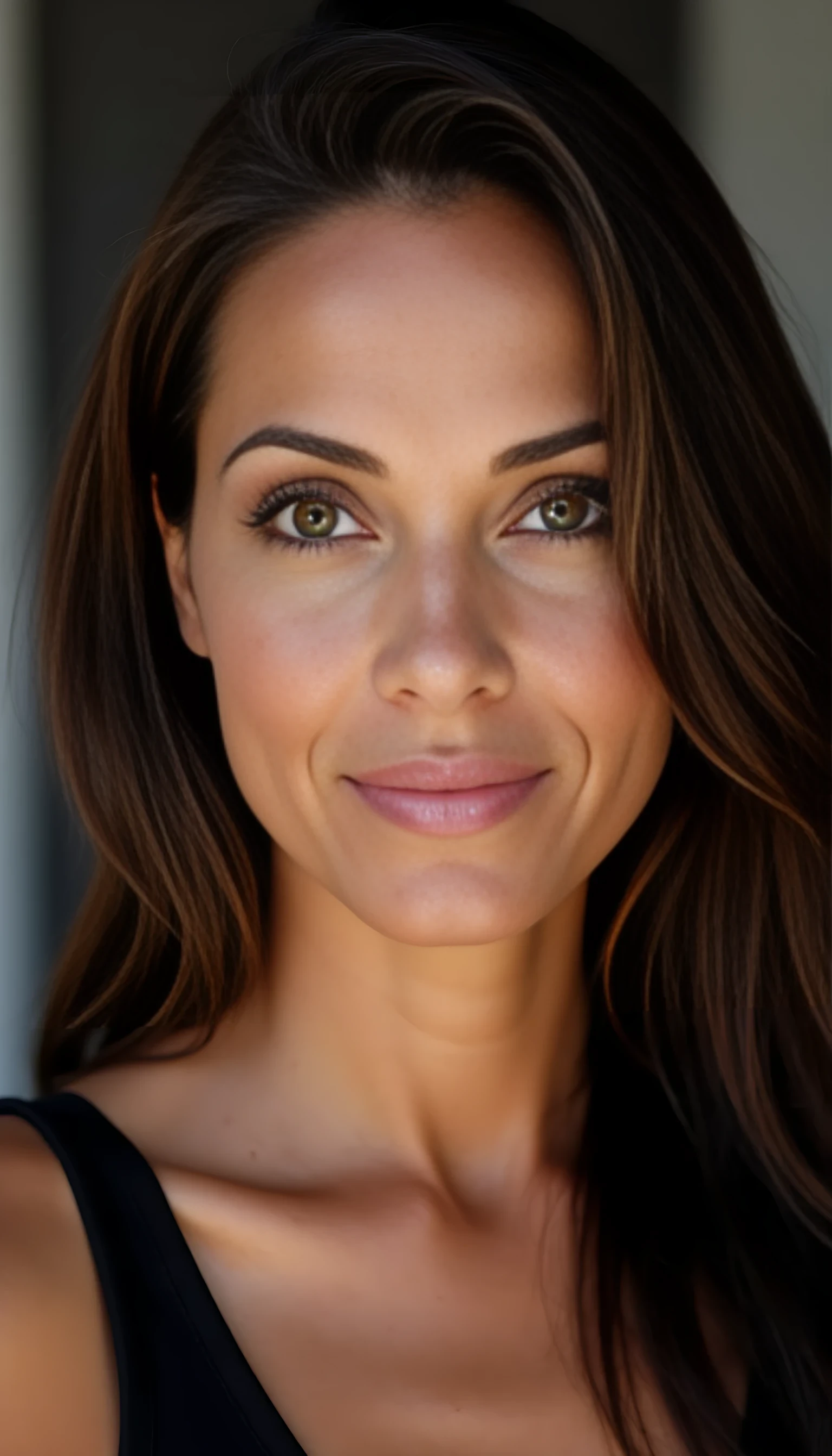 A portrait photo of a beautiful 45 years old woman, mixed ethnicity of half white American half Brazilian, with dark brown hair, ultra detailed eyes with sharp iris reflections, slight smile, ultra high-quality