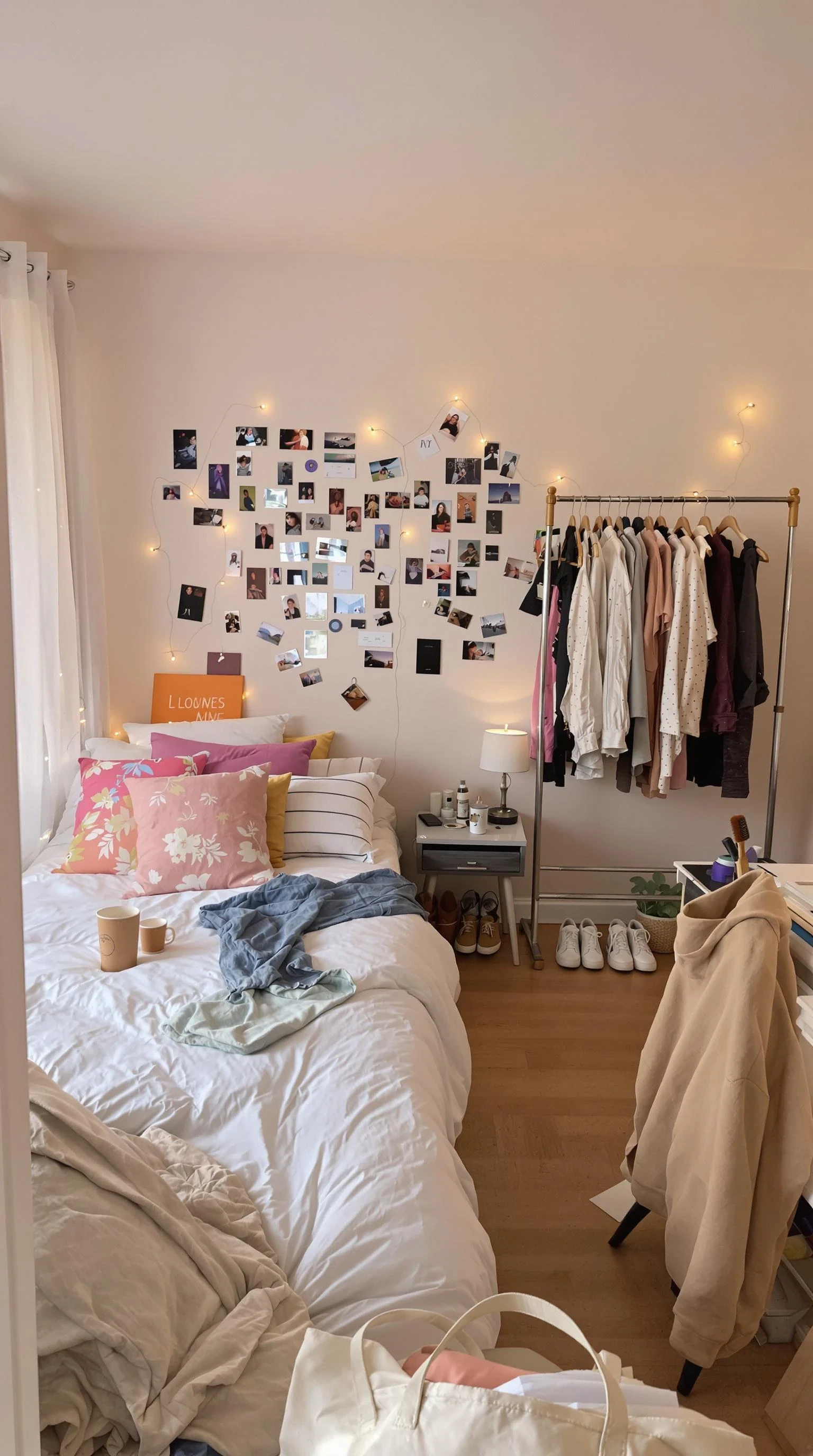 hip angle shot of Slightly untidy bedroom belonging to an 18-year-old girl in the U.S., viewed from a natural, low eye-level angle — approximately at waist or belly-button height. The room is softly lit with natural daylight coming through sheer curtains. A full-size bed sits against a pastel-toned wall, dressed in a white duvet with a few colorful throw pillows and a casually tossed blanket. The wall above the bed features a collage of magazine clippings, Polaroids, and fairy lights, giving the space a personal and expressive feel. One side of the room features a clear, open area with neatly kept hardwood or carpeted flooring, next to a clothing rack displaying curated outfits and shoes organized beneath it. A small nightstand holds a lamp, an iced coffee cup, a phone charger, and scattered makeup items. In another corner, a desk or vanity is slightly cluttered with notebooks, skincare products, a hairbrush, and jewelry. A hoodie is slung over a desk chair, and an open tote bag or backpack lies on the floor with a few papers peeking out. The overall room feels warm, creative, lived-in, and expressive — a space meant for both comfort and personal style. The composition suggests both functionality and personality, with an open layout that allows for natural movement and presence in the center of the room.