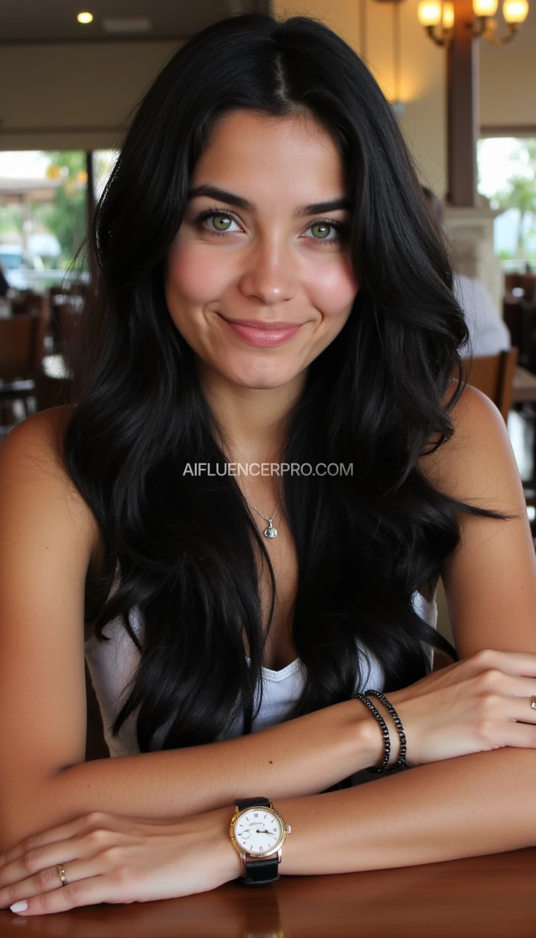 instagram photo high quality, a young woman around 25 years, green eyes and a shy smile in restaurant. She has soft, wavy black hair cascading past her shoulders. SHe has a pale skin, no tattoos, casual clothing, using a beautifull Patek Philippe watch.