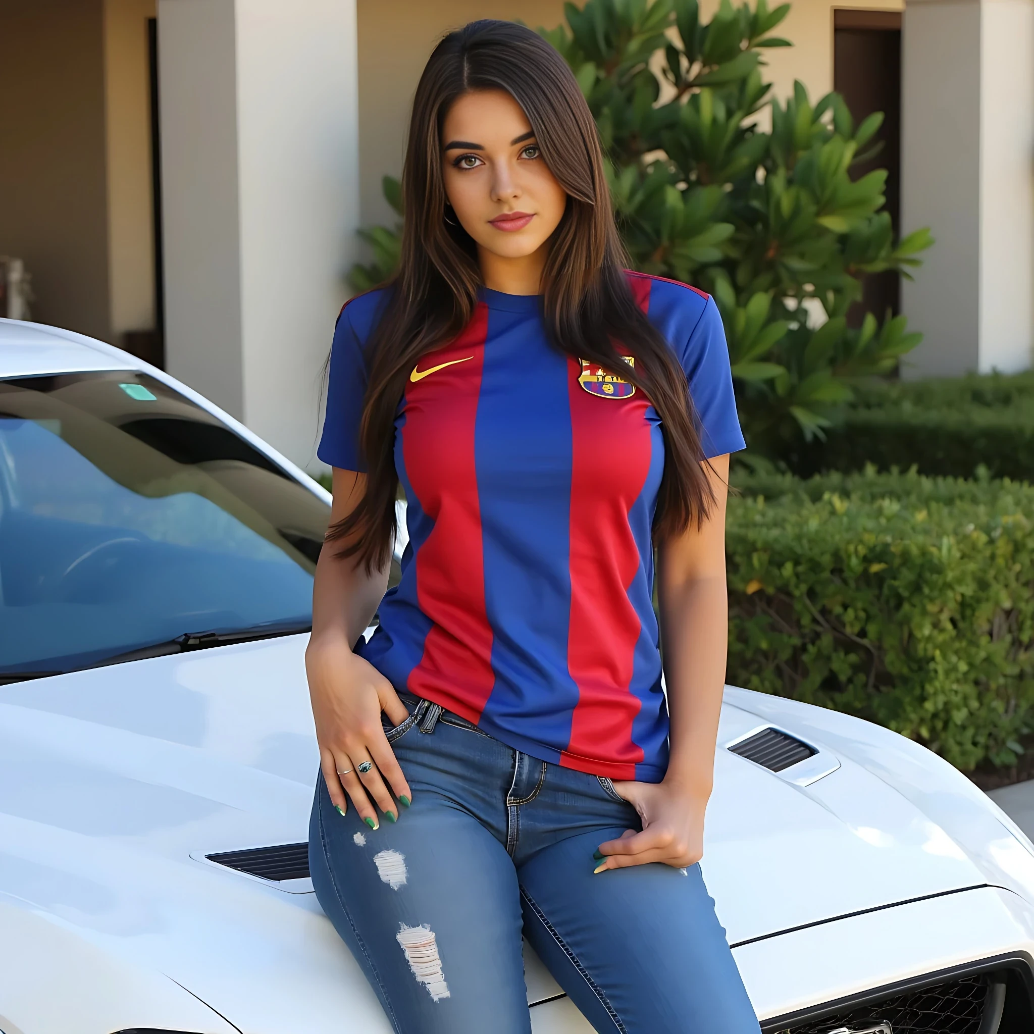 create an ultra-realistic highly detailed full body image of a 19 year old Serbian woman with a stunning hourglass figure: curvy, thin, and beautiful, featuring a flat tummy, big hips, and perfect medium sized breasts. purely natural. Her skin is tan and sunkissed. She stands at 5'9", embodying the epitome of allure and charm with her Slavic facial features. Her captivating baby blue eyes and very long long, luscious, full, natural baby brown hair enhance her mesmerizing presence. she is dressed in a blue and red barcelona soccer t shirt and jeans, leaning aganist a white mustang outside of a hotel setting. she is looking directly into the camera. Her expression is one of confidence and allure, making her every man's dream girl. Focus on extreme realism, especially in her facial details. ultra detailed hands and finger nails. her nails are painted dark green.  perfectly detailed hands.