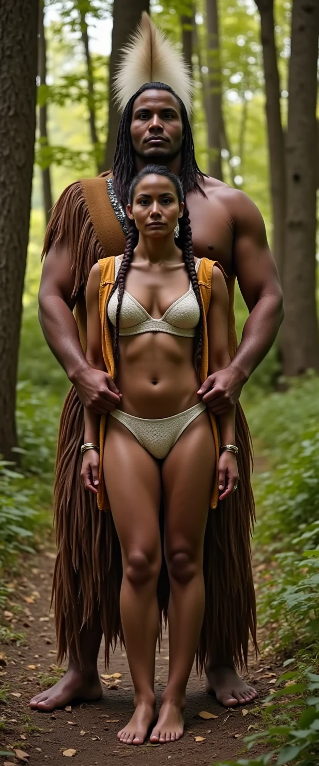 photo of woman CSTMDL, a medium shot photo of, a slim woman, her full body is in the scene, she has a slender petite build with petite small boobs and a flat chest, she has small dark skin nipples with long pointy nipple ducts and small dark skinned areolas, her hair is styled with two long braids she has eagle plumes in her hair, she is not wearing earrings, she is wearing a native American style vest in a golden yellow color over top of her underwear, her vest is open exposing her strapless bra, her bra is a strapless white lace bra, she is wearing white lace panties, she is wearing ankle height smoked hide moccasins, natural lighting, natural light, amateur photography, shot on an iPhone, she is standing with her legs spread wide apart in a densely wooded forest, she is maintaining intense eye contact with the camera, there is a giant native American fat man three times her height standing directly behind her holding onto gripping the woman's waistline, the man is holding her in front of him, the man is a real giant three times the height of an average male, public setting, Hyper realism, ultra-sharp focus, highly detailed, natural lighting, natural light, amateur photography, the giants waistline is as tall as the woman is, 