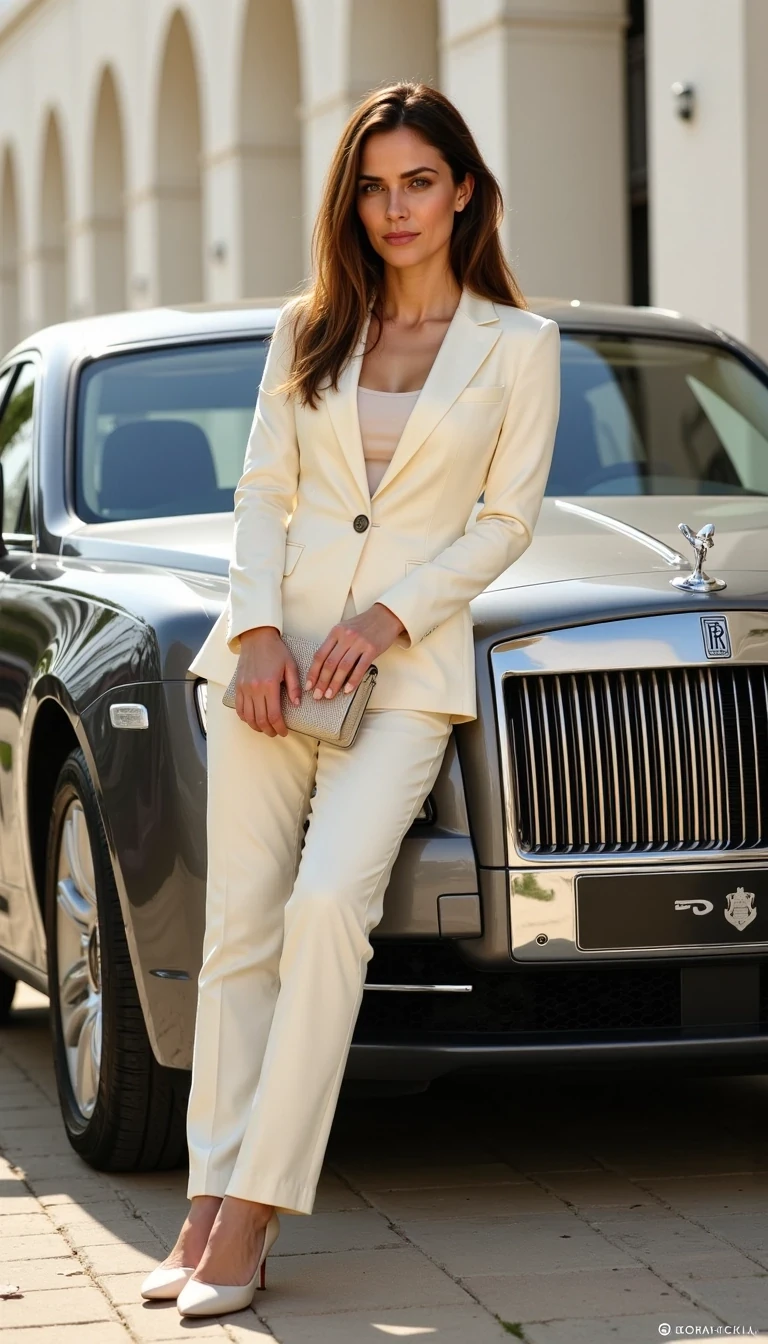 CSTMDL, Medium shot photo, Elara Leaning against a Rolls-Royce in head-to-toe cream while adjusting her clutch

