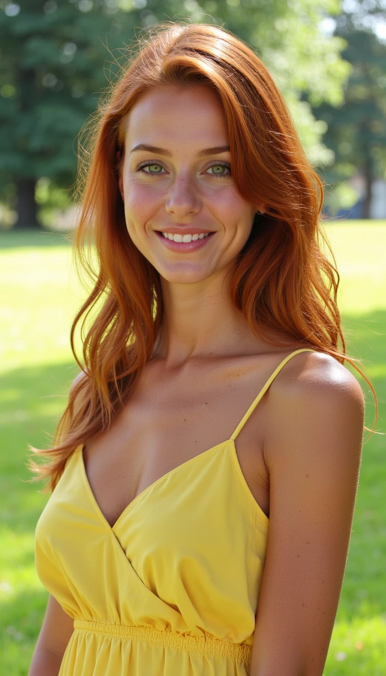 Create a photorealistic 25-year-old woman with smooth, lightly freckled skin, almond-shaped green eyes, and long wavy ginger hair. She is 5'8" tall and 140 pounds. Fit but not tone. Natural B cup breasts. She has a natural, confident smile, subtle makeup with dewy foundation and very light pink lip gloss, and wears a yellow sundress. The scene is a sunny grassy field with soft natural lighting and a tree in the background. The image should have hyper-realistic skin texture and detailed shadows.”