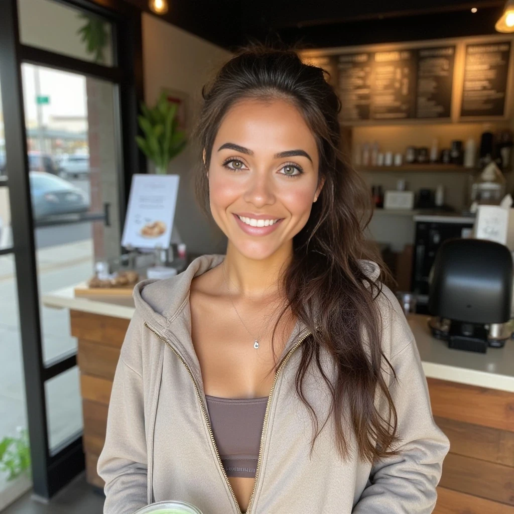 boring low quality snapchat photo circa 2015, A beautiful young woman in her early 20s with a heart-shaped face, soft jawline, high cheekbones, and big almond-shaped green eyes lined subtly, glowing with calm, friendly energy. Her full, glossy lips in a soft rose-pink shade are gently parted in a relaxed smile. Her long chocolate brunette hair falls in soft, slightly frizzy waves or is pulled back in a loose ponytail. Her lightly tanned skin has a natural, smooth glow with a dewy finish and real texture.

She has a slim, naturally toned figure — a narrow waist, long legs, and a graceful silhouette. She’s dressed in stylish yoga attire: high-waisted leggings and a fitted sports bra or crop top in muted or earth tones, layered with an open zip hoodie or relaxed sweatshirt. The outfit looks effortlessly casual and flattering, without exaggeration.

She’s standing or waiting at a cozy local coffee shop — maybe holding an iced matcha or latte — with details like wooden counters, plants, handwritten menu boards, and soft sunlight filtering through the windows. Her posture is relaxed, and her expression suggests she’s enjoying a peaceful morning or taking a break after a workout.

Use natural lighting, realistic textures in clothing and skin, balanced body proportions, and an authentic urban coffee shop background. Avoid distortion, over-editing, or artificial effects.