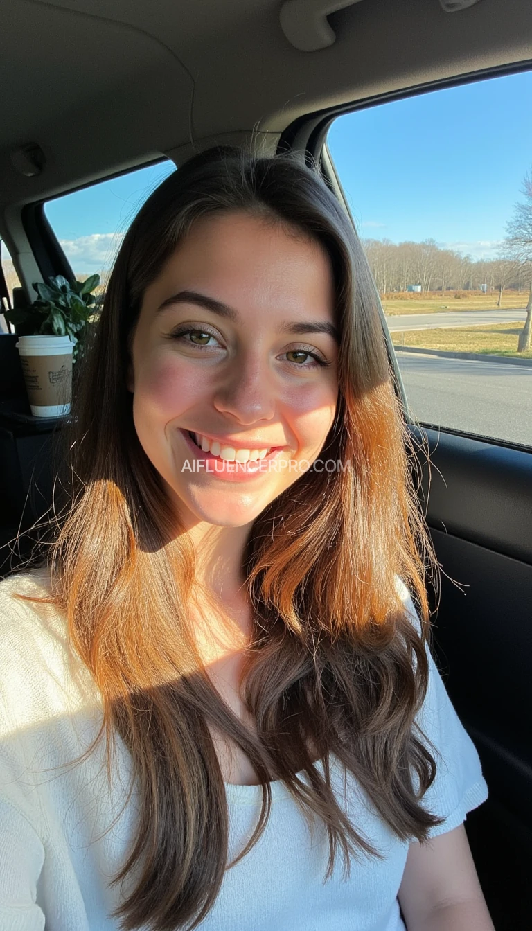 boring low quality snapchat photo circa 2015, A young woman with a warm smile, sitting in the driver's seat of a cozy car. She has soft, wavy brown hair cascading past her shoulders. She has small breasts. The sunlight streams through the window, casting a gentle glow on her face. The interior of the car is neat and comfortable, with a coffee cup in the cup holder and a small plant on the dashboard. The background outside the window shows a scenic road lined with trees and blue skies. She has small breasts and is average looking