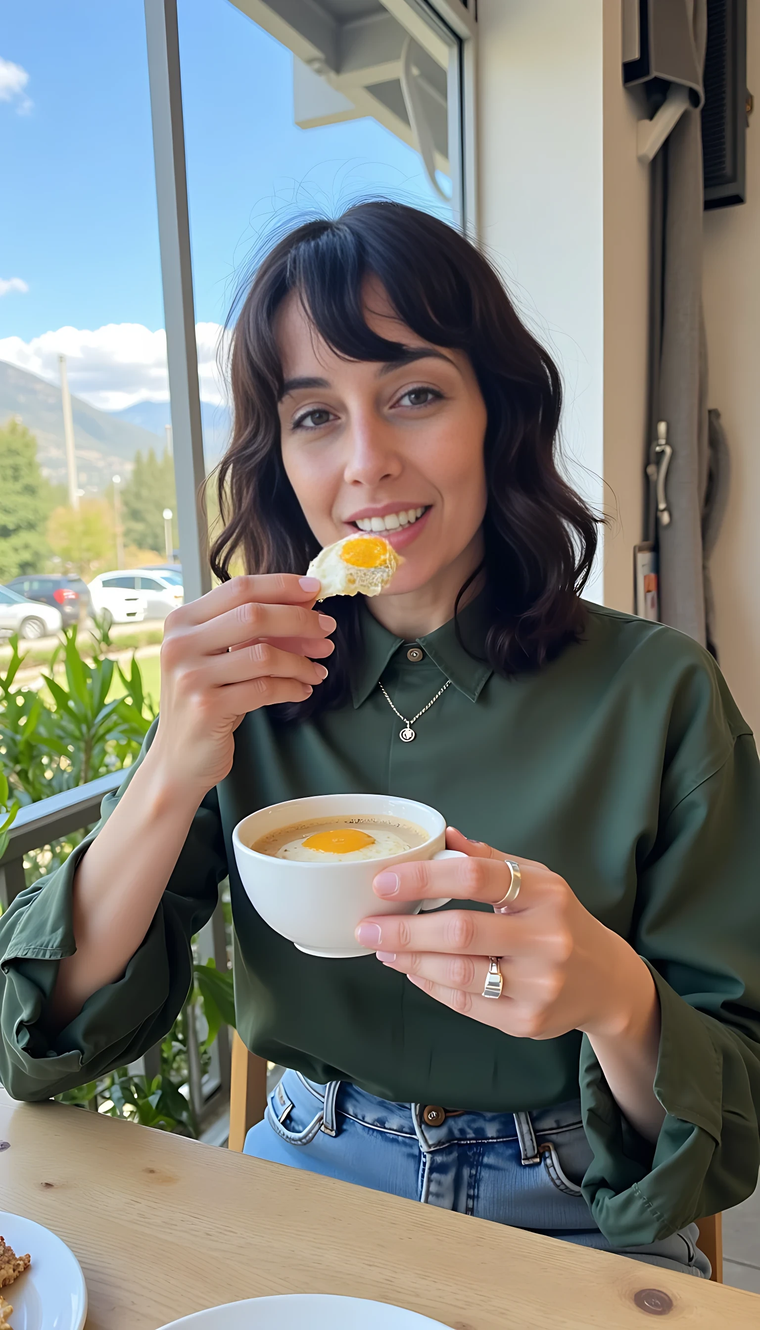 iphone portrait of CSTMDL woman younger Bob length hair hair makeup bangs cute smile brown eyes and sitting in cafe eating eggs and coffee wearing solid green shirt and shorts mountains background 