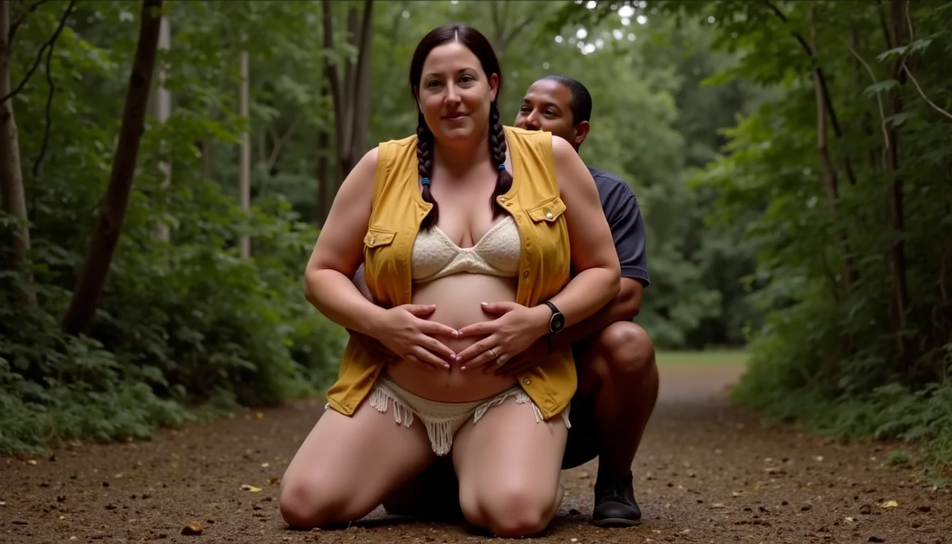 photo of woman CSTMDL, a medium shot photo of, a slim woman, her full body is in the scene, she has a chubby build with huge boobs, she has small dark pink skin nipples with large areolas, her hair is styled with two long braids, she is not wearing earrings, she is wearing a native American style vest in a golden yellow color over top of her underwear, her vest is open exposing her strapless bra, her bra is a strapless white lace bra, she is wearing white lace panties, she is wearing ankle height smoked hide moccasins, natural lighting, natural light, amateur photography, shot on an iPhone, she is standing with her legs spread wide apart in a densely wooded forest, she is maintaining intense eye contact with the camera, there is a giant native American fat man three times her height kneeling directly behind her holding onto gripping the woman's waistline, the man is holding her in front of him, the man is a real giant three times the height of an average male, public setting, Hyper realism, ultra-sharp focus, highly detailed, natural lighting, natural light, amateur photography, she has her hands placed down by her sides