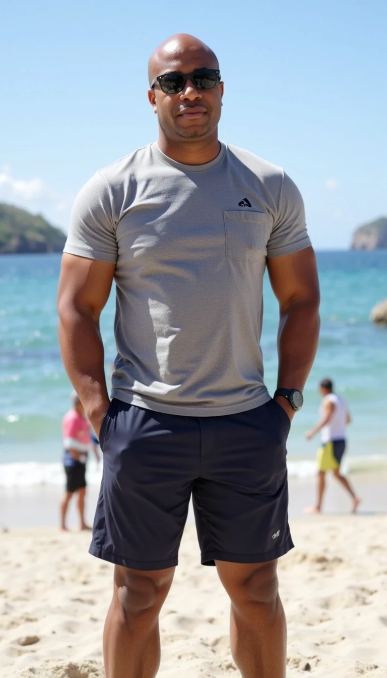 iPhone Photorealistic Full body image. make him more realistic and similar. Tech CEO, He is wearing a grey t shirt, swimming trunks and modern Ray-Ban sunglasses. Slim but muscular build. He is facing the camera directly, as if the paparazzi is shooting him while he is out on a beach .He looks like a confident stud, CSTMDL, Face of Carter and bald head