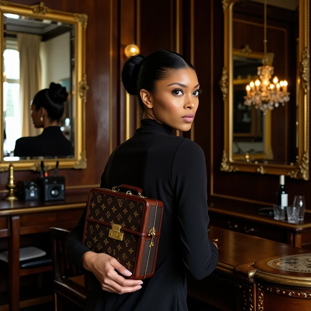 Louis Vuitton Petite Malle
Shot on Sony A1, 90mm macro, ISO 200, 1/160 sec. Model in black evening wear holding signature trunk bag. Profile shot emphasizing jawline and collar bones. Environment: Parisian apartment, antique mirrors creating multiple reflections. Light olive brown skin perfectly balanced against bag's metallic hardware. Lighting: Soft key light through 4x6 silk + mirror reflections as fill.
 CSTMDL