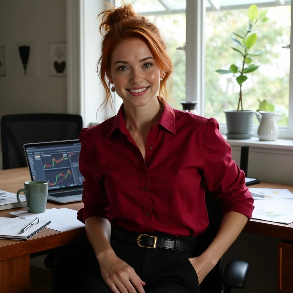 A hyper-realistic portrait of Ember, a stunning reddish blonde head woman, sitting in a modern home office with natural daylight streaming through a window, fiery red hair in a loose bun with strands framing her face, emerald eyes sparkling with confidence, freckled porcelain skin with a soft glow, wearing a tailored crimson blouse with sleeves rolled to elbows, high-waisted black trousers with a sleek leather belt, gold earrings glinting, standing by a wooden desk with a laptop open to stock charts, coffee mug, notebook, and pen nearby, papers slightly scattered, warm smile, photorealistic, 4K, soft natural light, high detail, lifelike textures, cyberpunk vibe, --ar 9:16