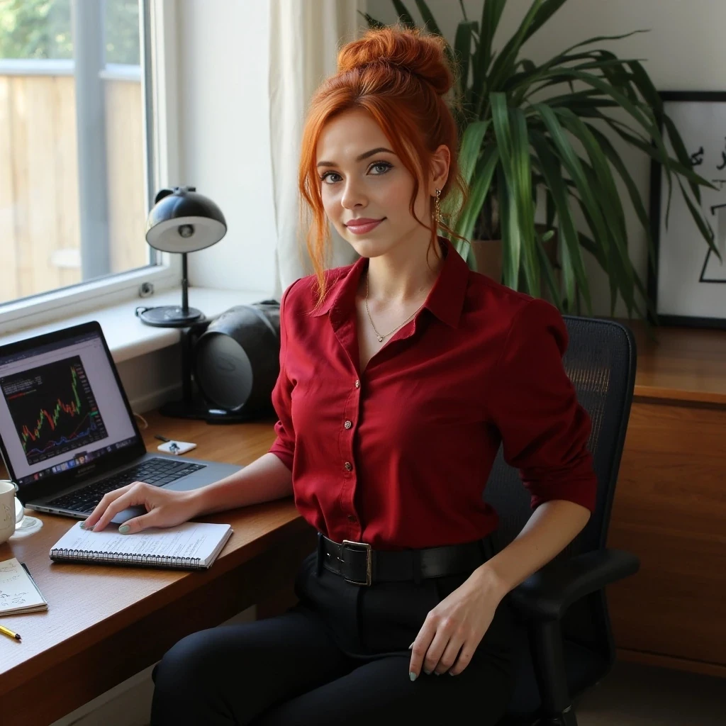 A hyper-realistic portrait of Ember, a stunning reddish blonde head woman, sitting in a modern home office with natural daylight streaming through a window, fiery red hair in a loose bun with strands framing her face, emerald eyes sparkling with confidence, freckled porcelain skin with a soft glow, wearing a tailored crimson blouse with sleeves rolled to elbows, high-waisted black trousers with a sleek leather belt, gold earrings glinting, standing by a wooden desk with a laptop open to stock charts, coffee mug, notebook, and pen nearby, papers slightly scattered, warm smile, photorealistic, 4K, soft natural light, high detail, lifelike textures, cyberpunk vibe, --ar 9:16