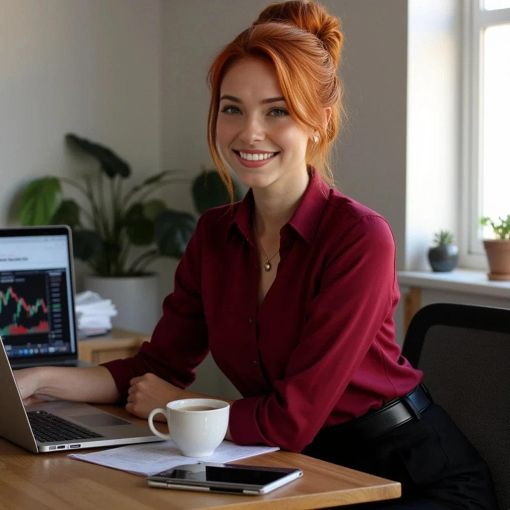 A hyper-realistic portrait of Ember, a stunning reddish blonde head woman, sitting in a modern home office with natural daylight streaming through a window, fiery red hair in a loose bun with strands framing her face, emerald eyes sparkling with confidence, freckled porcelain skin with a soft glow, wearing a tailored crimson blouse with sleeves rolled to elbows, high-waisted black trousers with a sleek leather belt, gold earrings glinting, standing by a wooden desk with a laptop open to stock charts, coffee mug, notebook, and pen nearby, papers slightly scattered, warm smile, photorealistic, 4K, soft natural light, high detail, lifelike textures, cyberpunk vibe, --ar 9:16