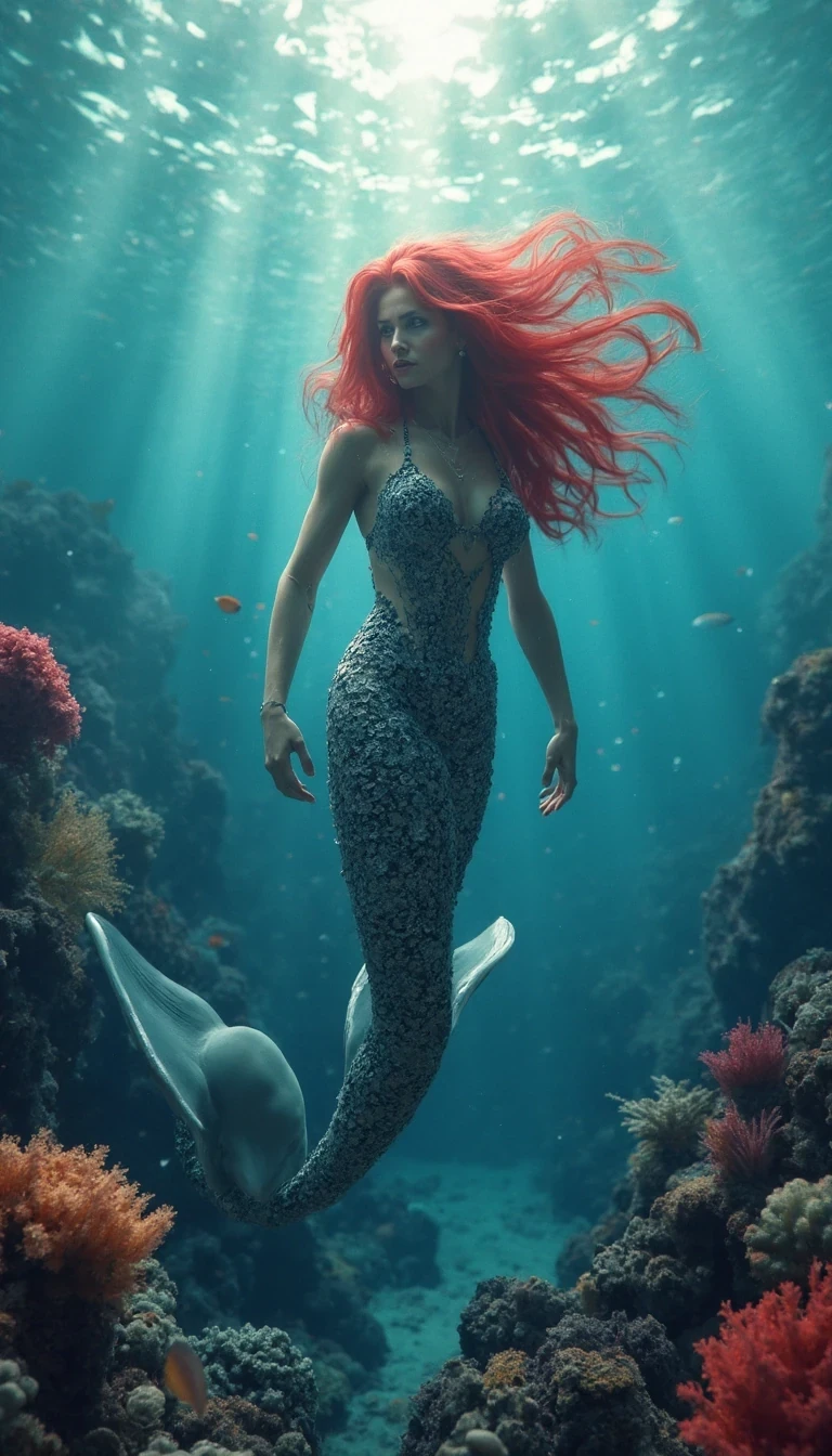 "AI model swimming gracefully underwater, has a long red hair, surrounded by vibrant coral reefs and colorful tropical fish. She’s styled like a mermaid, sunbeams piercing the ocean surface.