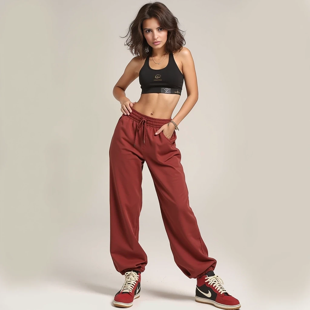 cute woman, hot pants, sneakers, sports bra, brunette hair