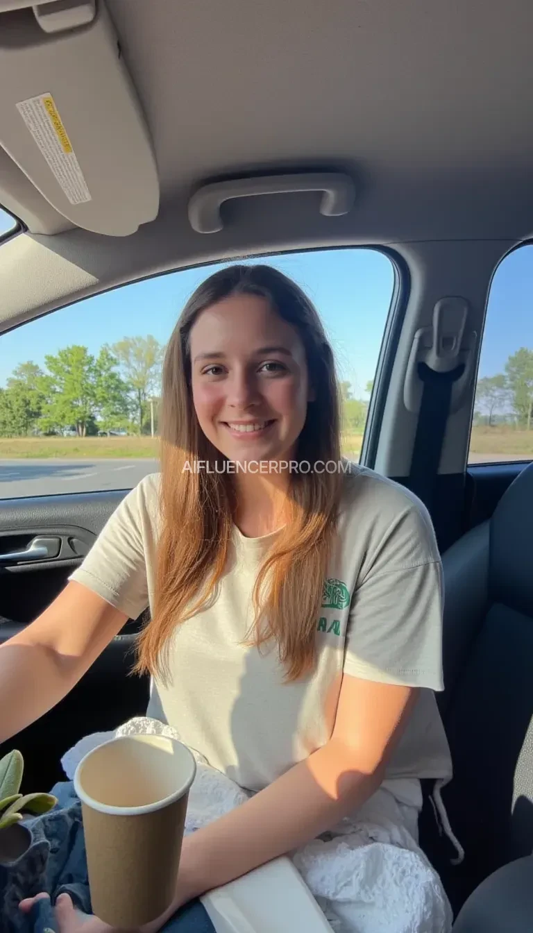 boring low quality snapchat photo circa 2024, A young, youthful woman with a warm smile, sitting in the driver's seat of a cozy car. She has soft, wavy brown hair cascading past her shoulders. The sunlight streams through the window, casting a gentle glow on her face. The interior of the car is neat and comfortable, with a coffee cup in the cup holder and a small plant on the dashboard. The background outside the window shows a scenic road lined with trees and blue skies. Her shirt reveals her boobs