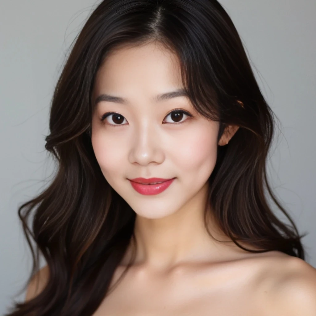 Lee is a 24-year-old Korean woman with flawless fair porcelain skin and a soft, feminine glow. Her face is heart-shaped with a petite, slightly pointed chin and a smooth jawline. She has large, almond-shaped dark brown eyes with long curled lashes, subtly winged eyeliner, and soft pink eyeshadow. Her nose is small and button-like, with a gentle slope. Her lips are full and naturally rosy with a glossy finish, forming a delicate cupid’s bow. She has softly arched brows, finely groomed, giving her a sweet yet confident expression. Her cheeks have a natural blush tint, and she often wears a dewy, glass-skin finish makeup style. Her long, dark brown hair is styled in soft waves that frame her face perfectly. Lee has a hourglass figure with a narrow waist, full bust, and curvy hips. She stands at 5'6" with fair skin that looks smooth and radiant in natural light. Her proportions are balanced and elegant. Her legs are long. 