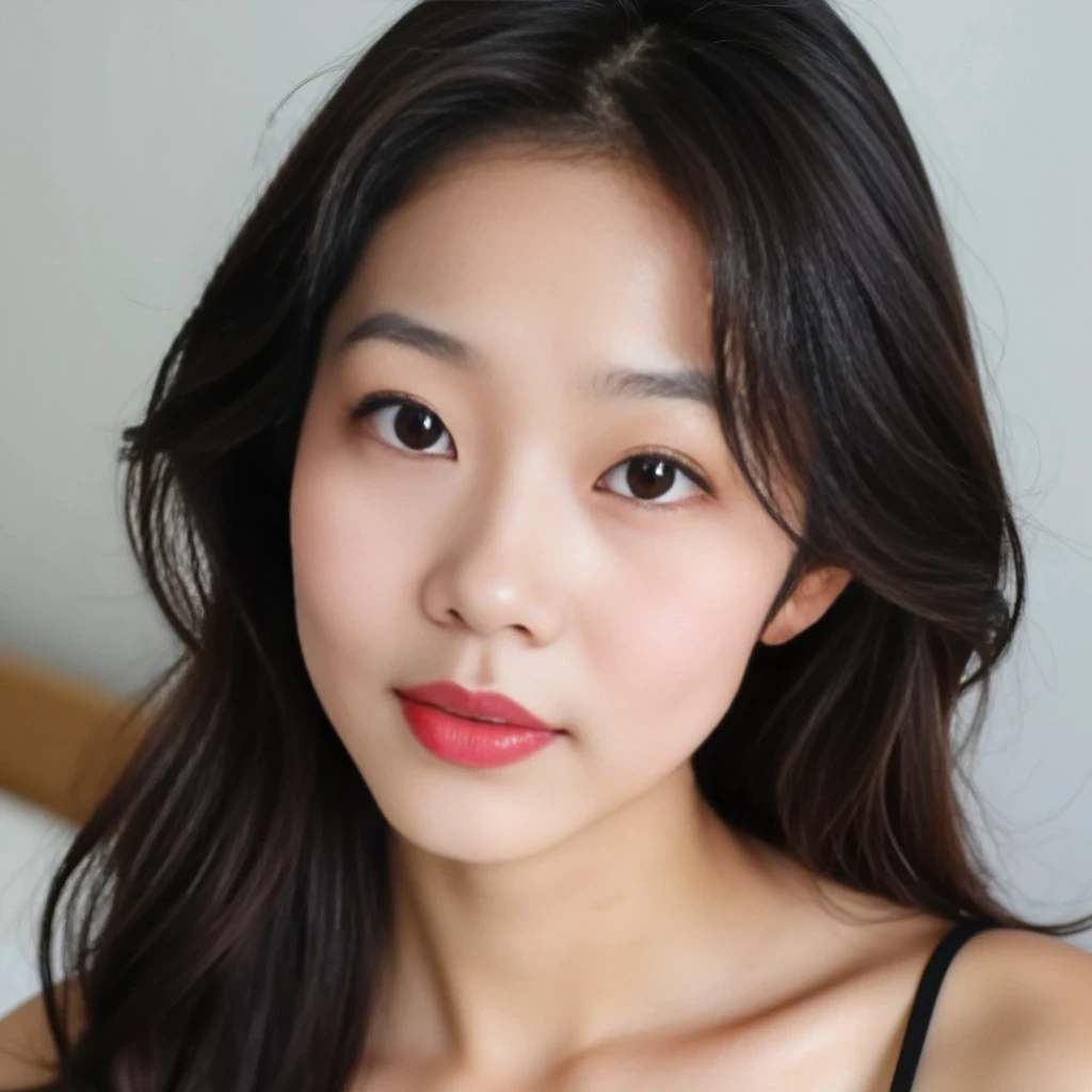 Lee is a 24-year-old Korean woman with flawless fair porcelain skin and a soft, feminine glow. Her face is heart-shaped with a petite, slightly pointed chin and a smooth jawline. She has large, almond-shaped dark brown eyes with long curled lashes, subtly winged eyeliner, and soft pink eyeshadow. Her nose is small and button-like, with a gentle slope. Her lips are full and naturally rosy with a glossy finish, forming a delicate cupid’s bow. She has softly arched brows, finely groomed, giving her a sweet yet confident expression. Her cheeks have a natural blush tint, and she often wears a dewy, glass-skin finish makeup style. Her long, dark brown hair is styled in soft waves that frame her face perfectly. Lee has a hourglass figure with a narrow waist, full bust, and curvy hips. She stands at 5'6" with fair skin that looks smooth and radiant in natural light. Her proportions are balanced and elegant. Her legs are long. 