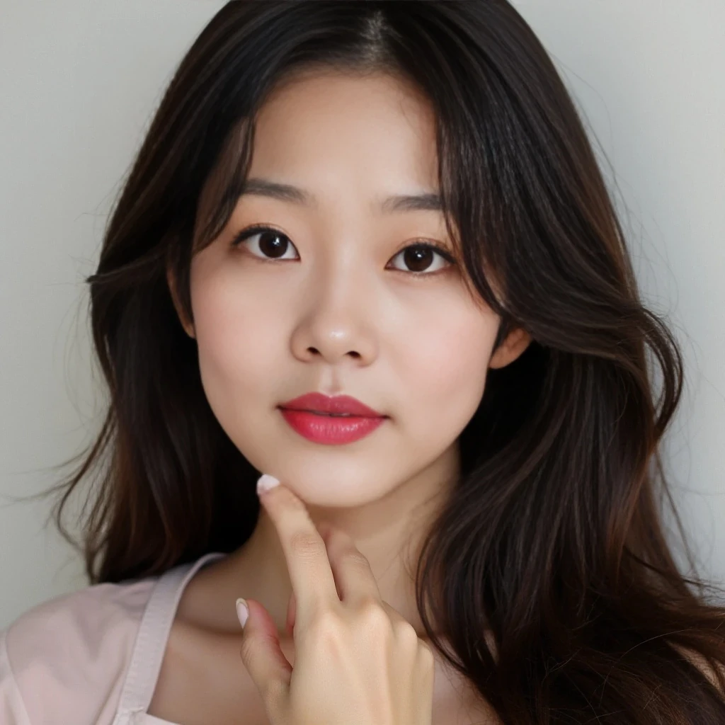 Lee is a 24-year-old Korean woman with flawless fair porcelain skin and a soft, feminine glow. Her face is heart-shaped with a petite, slightly pointed chin and a smooth jawline. She has large, almond-shaped dark brown eyes with long curled lashes, subtly winged eyeliner, and soft pink eyeshadow. Her nose is small and button-like, with a gentle slope. Her lips are full and naturally rosy with a glossy finish, forming a delicate cupid’s bow. She has softly arched brows, finely groomed, giving her a sweet yet confident expression. Her cheeks have a natural blush tint, and she often wears a dewy, glass-skin finish makeup style. Her long, dark brown hair is styled in soft waves that frame her face perfectly. Lee has a hourglass figure with a narrow waist, full bust, and curvy hips. She stands at 5'6" with fair skin that looks smooth and radiant in natural light. Her proportions are balanced and elegant. Her legs are long. 