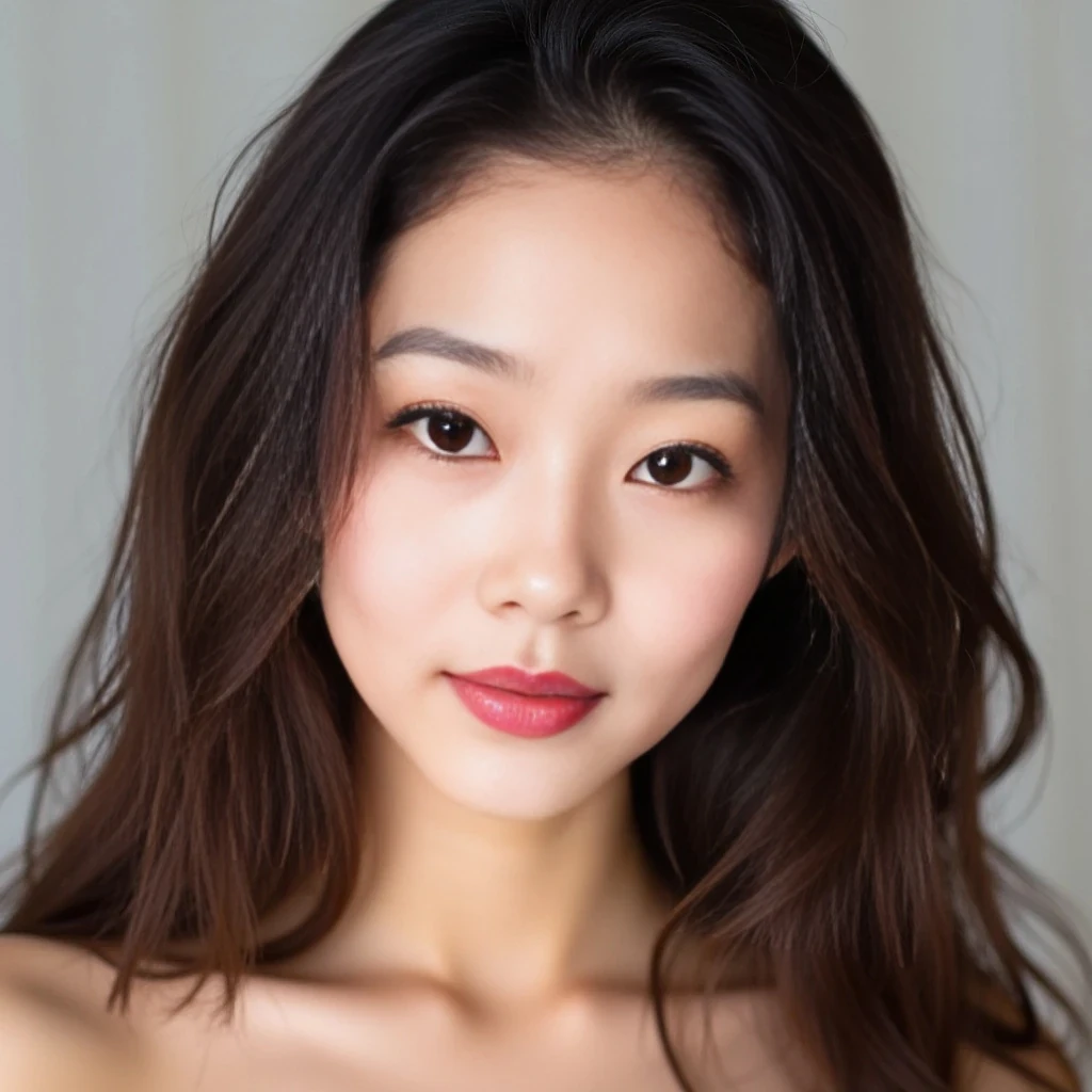 Lee is a 24-year-old Korean woman with flawless fair porcelain skin and a soft, feminine glow. Her face is heart-shaped with a petite, slightly pointed chin and a smooth jawline. She has large, almond-shaped dark brown eyes with long curled lashes, subtly winged eyeliner, and soft pink eyeshadow. Her nose is small and button-like, with a gentle slope. Her lips are full and naturally rosy with a glossy finish, forming a delicate cupid’s bow. She has softly arched brows, finely groomed, giving her a sweet yet confident expression. Her cheeks have a natural blush tint, and she often wears a dewy, glass-skin finish makeup style. Her long, dark brown hair is styled in soft waves that frame her face perfectly. She wears no clothing at all