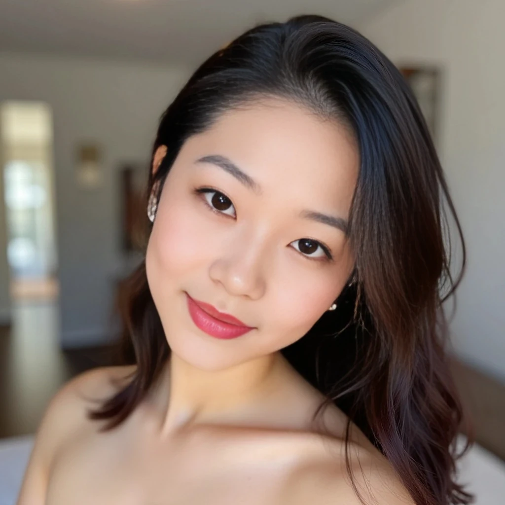 Lee is a 24-year-old Korean woman with flawless fair porcelain skin and a soft, feminine glow. Her face is heart-shaped with a petite, slightly pointed chin and a smooth jawline. She has large, almond-shaped dark brown eyes with long curled lashes, subtly winged eyeliner, and soft pink eyeshadow. Her nose is small and button-like, with a gentle slope. Her lips are full and naturally rosy with a glossy finish, forming a delicate cupid’s bow. She has softly arched brows, finely groomed, giving her a sweet yet confident expression. Her cheeks have a natural blush tint, and she often wears a dewy, glass-skin finish makeup style. Her long, dark brown hair is styled in soft waves that frame her face perfectly. She wears no clothing at all