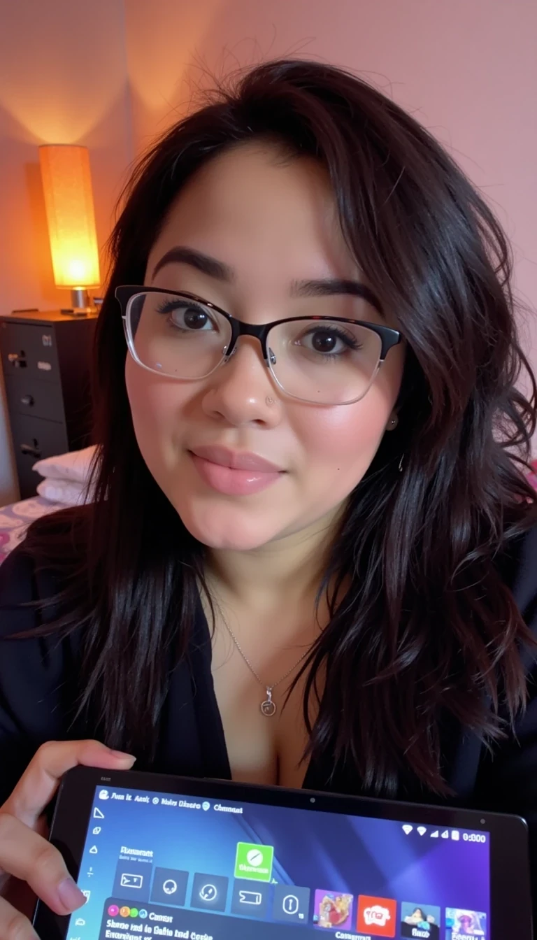 Seductive snapchat photo circa 2015, A young latina woman with a seductive look on her face,smiling glasses low playing her Asus rog strix handheld with game pass on the home screen 



