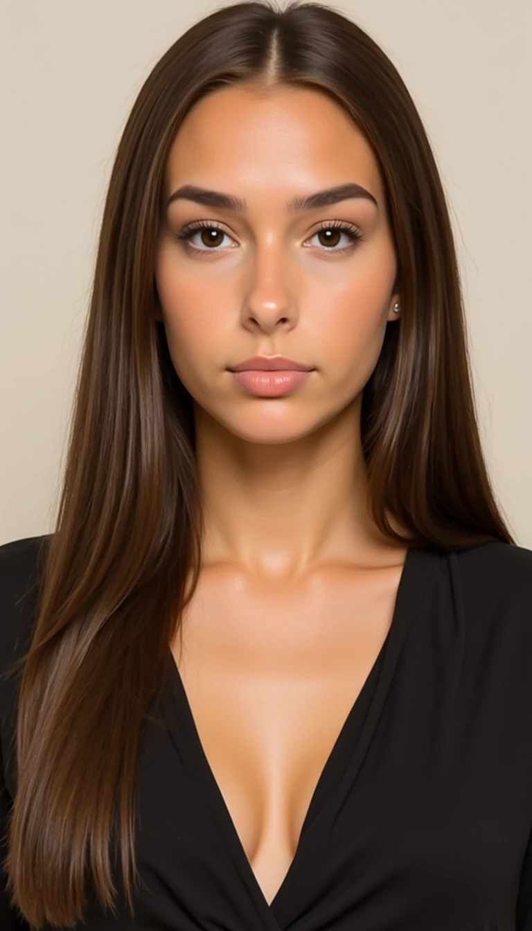 Shot of CSTMDL
Big tits.
Body type and measurements:
She is an 18 years old girl. Her hair is long, reaching below the shoulders, with a straight to very slightly wavy texture. It has a healthy, smooth appearance with natural shine and volume. The color is medium to dark brown with subtle warm undertones, and the strands appear moderately thick and uniform in density. The hair is parted slightly off-center or middle in most images, framing the face symmetrically. Eyes are large, almond-shaped, and widely spaced. The irises appear medium to dark brown with a warm, slightly amber tone under natural lighting. Eyelids have a soft natural crease, and the eye area is framed by full, dark lashes and naturally arched brows of medium thickness, which complement the overall symmetry of the face. She has an hourglass figure. Height approximately 64 inches. Bust is full, round, and projected, with an estimated circumference of 36 inches and moderate projection from the chest wall. Underbust estimated at 28 inches, giving a bust-to-waist contrast of about 7 inches. Waist is narrow, strongly cinched, and flat, estimated 24 inches, with a pronounced curve into the hips. Hips are broad and rounded, estimated at 39 inches, with high hip bones and a strong waist-to-hip ratio. Gluteal region is prominent, lifted, and firm, with well-developed curvature extending outward and downward. Thighs are thick and full, estimated at 24 inches at the widest point, with a slight taper toward the knees. Calves are not visible in all photos, but appear balanced with thigh proportions. Abdomen is flat with a bit of fat. Arms are slim with soft definition, estimated upper arm circumference around 9 inches. Shoulders are slightly broad and rounded, creating symmetry with hip width; clavicle line is soft and horizontal. Neck is medium-length and proportionate. Torso is short to medium in vertical length, with the distance from underbust to waist appearing compact. Ribcage is slightly narrow. Legs are long relative to torso, contributing to an elongated lower-body visual impression. Posture appears upright and relaxed, with natural spinal curvature and mild anterior pelvic tilt. Skin surface is smooth and even-toned and lightly tanned.

Scene/Background:
The background is plain and minimal, consisting of a smooth, light-toned wall that contrasts dramatically with the dark tones of the outfit. The simplicity of the setting emphasizes the central figure and enhances the stark, cinematic quality of the image.

Pose & Camera Angle:
The subject stands facing the camera, holding a Scream-inspired ghost mask up to one side of her face, allowing one eye to remain visible through the gap. Her other hand is lifted near her shoulder, gripping part of her sleeve, adding tension and balance to the composition. The camera is positioned at eye level, capturing the figure from mid-thigh upward, maintaining focus on both the haunting prop and the expression behind it.

Outfit:
The ensemble is a dark, gothic-inspired costume that merges allure with eerie theatricality.

Dress: A short, black, form-fitting dress with long, flowing sleeves that drape loosely, creating movement and shadow. The deep neckline and fitted bodice add a modern, bold contrast to the traditionally macabre theme.

Accessories: A corset-style belt cinches the waist, enhancing the silhouette. Long, dark gloves with delicate lace or mesh detailing add a layer of sophistication and mystery.

Footwear: Though partially out of frame, the over-the-knee boots or stockings visible complement the outfit’s dark, cohesive palette.

Prop: The white ghost mask serves as the central accessory, symbolizing the character’s sinister charm and instantly linking the look to its horror inspiration.

Lighting:
The lighting is low and directional, casting shadows that deepen the monochrome aesthetic. The contrast between the bright mask and the dark attire is heightened by the absence of color, evoking a moody, noir-inspired visual tone.

Mood/Vibe:
The mood is hauntingly seductive, mysterious, and cinematic. The image fuses horror and glamour — embodying both danger and allure. The monochrome palette reinforces the eerie elegance, making the scene feel like a still from a stylized thriller or Halloween editorial.