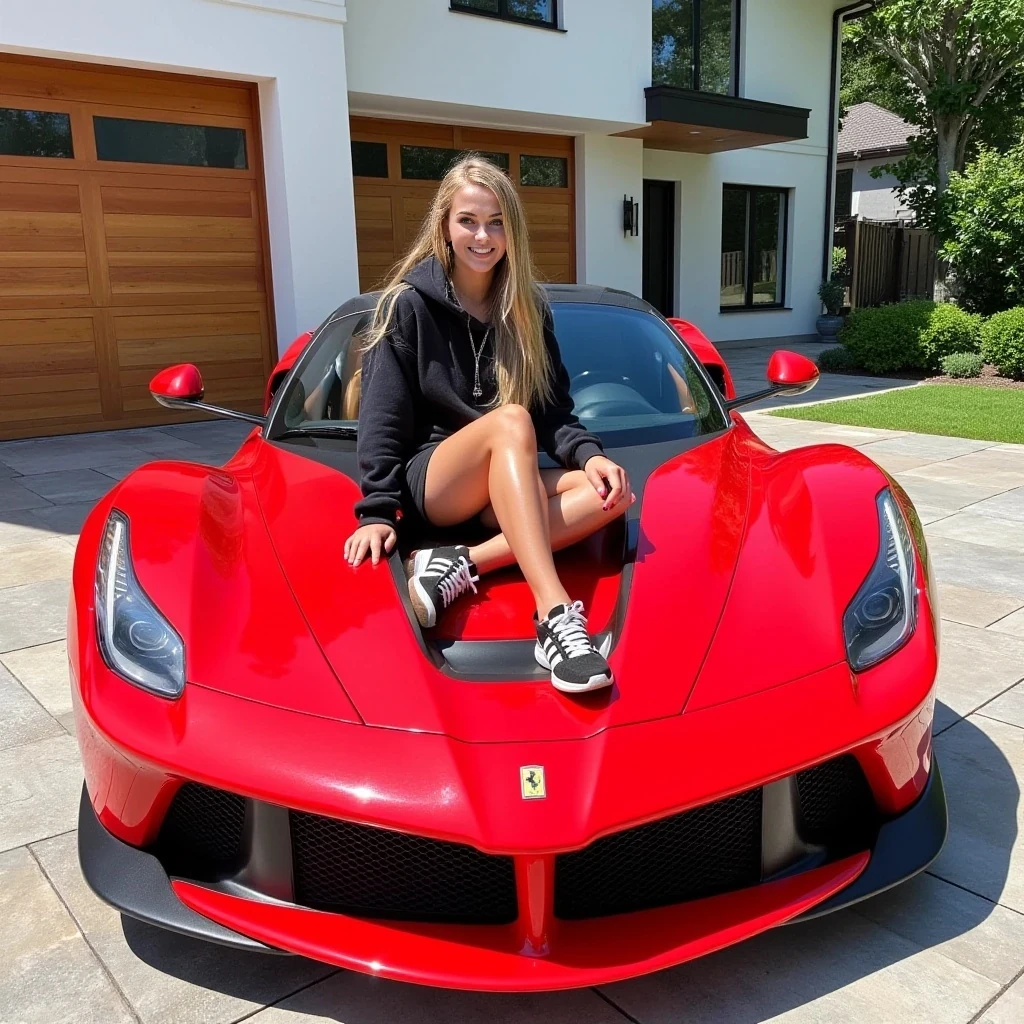 A photograph features a young woman with long soft blonde hair, a fit physique and tan skin, wearing a black hoodie, black shorts, and black-and-white sneakers. She sits on the hood of a red Ferrari LaFerrari, one hand resting on her head, smiling. The car is parked in front of a massive luxury modern house with a wooden fence and lush greenery.