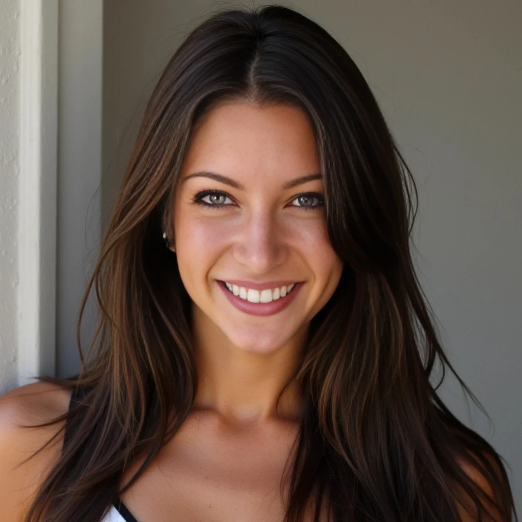 attractive woman, early 20s, soft dark long brown hair, soft gorgeous smile, full lips, beautiful blue eyes, slim button nose and sun-kissed tan tone, hour glass and toned, tall, long legs, confident, old-money, girl next door type   