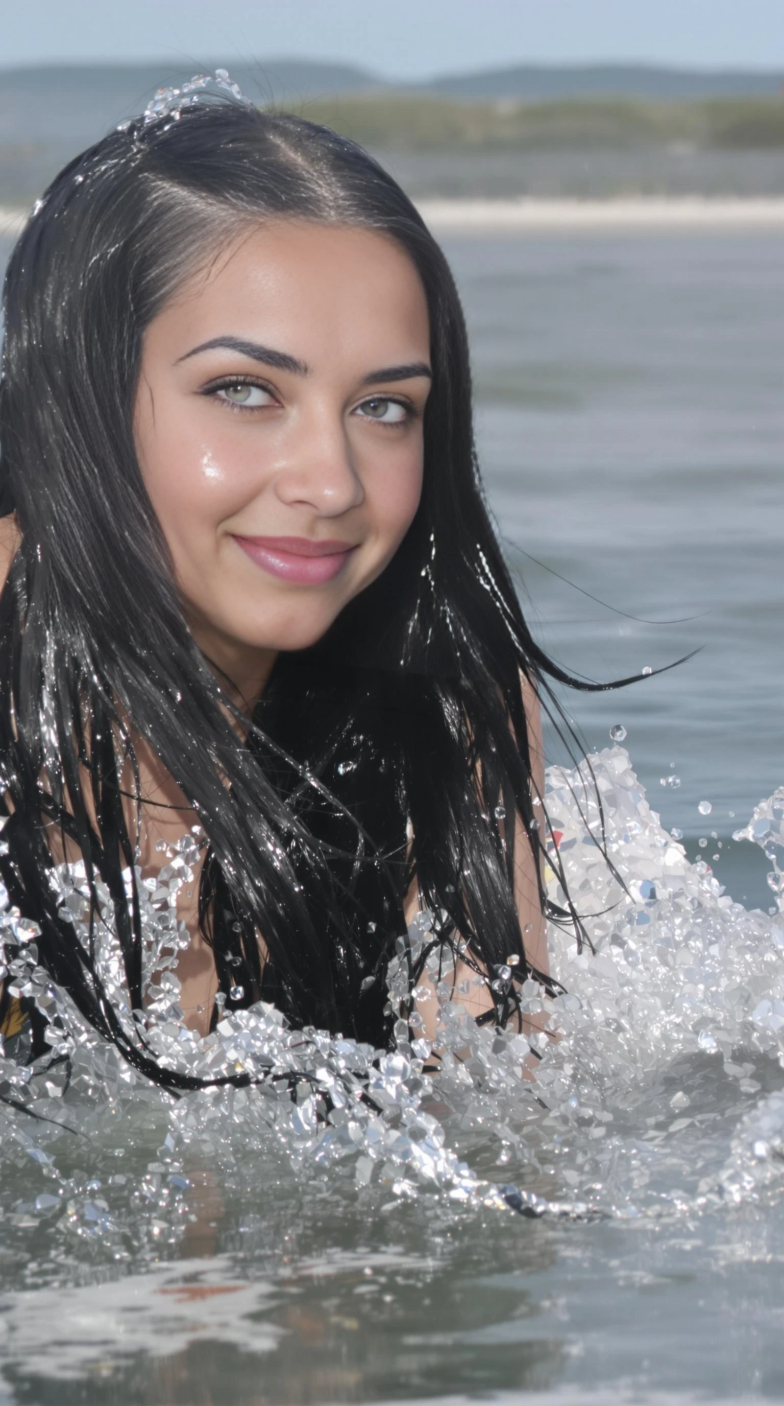 Cstmdl low quality, long black hair, beach scene, she is on a surf board, in the water , the photo is taken at a distance,