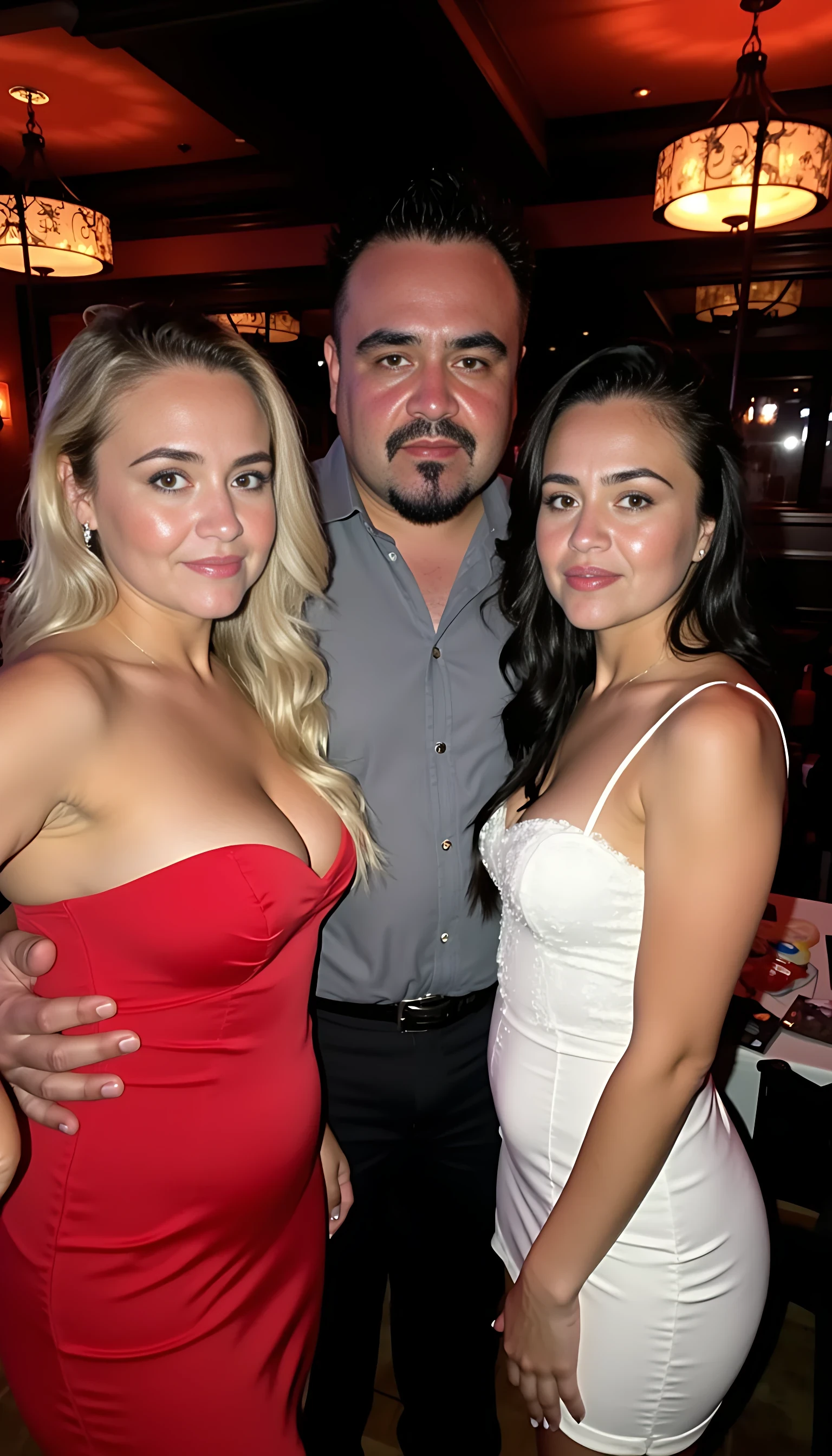 Man average body wearing a  gray dress shirt standing fancy restaurants with very low lights  surrounded by 2 beautiful women with extremely blue eyes one with blonde hair  and the other with black hair one wearing a red sexy dress and the other wearing a white sexy dress 