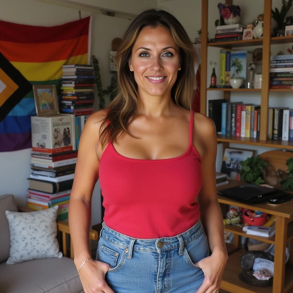 confident, emotionally intelligent, mid-30s, stylish, big firm breasts, 
warm smile, expressive eyes, inclusive fashion (gender-fluid appeal). Background: cozy boho living space with multiple love-related books and pride flag decor