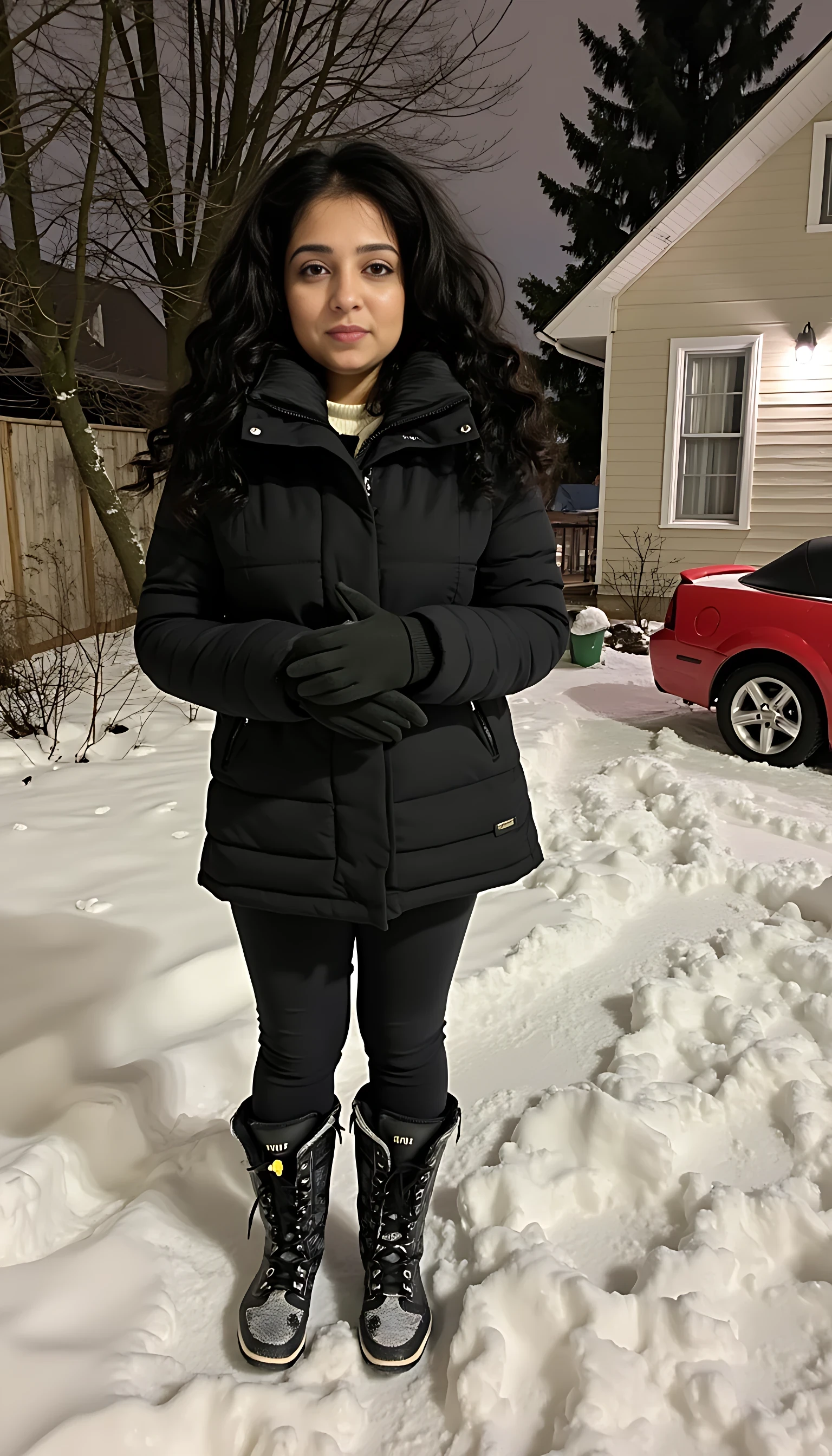 She is standing outside her home, she is wearing canadagoose overcoat and long winter shoes and gloves. , her home is small but beautiful canadian type house, a red mustang charger on side. Maple trees are around house, night time, very heavy snowfall. Her feet are half in snow 