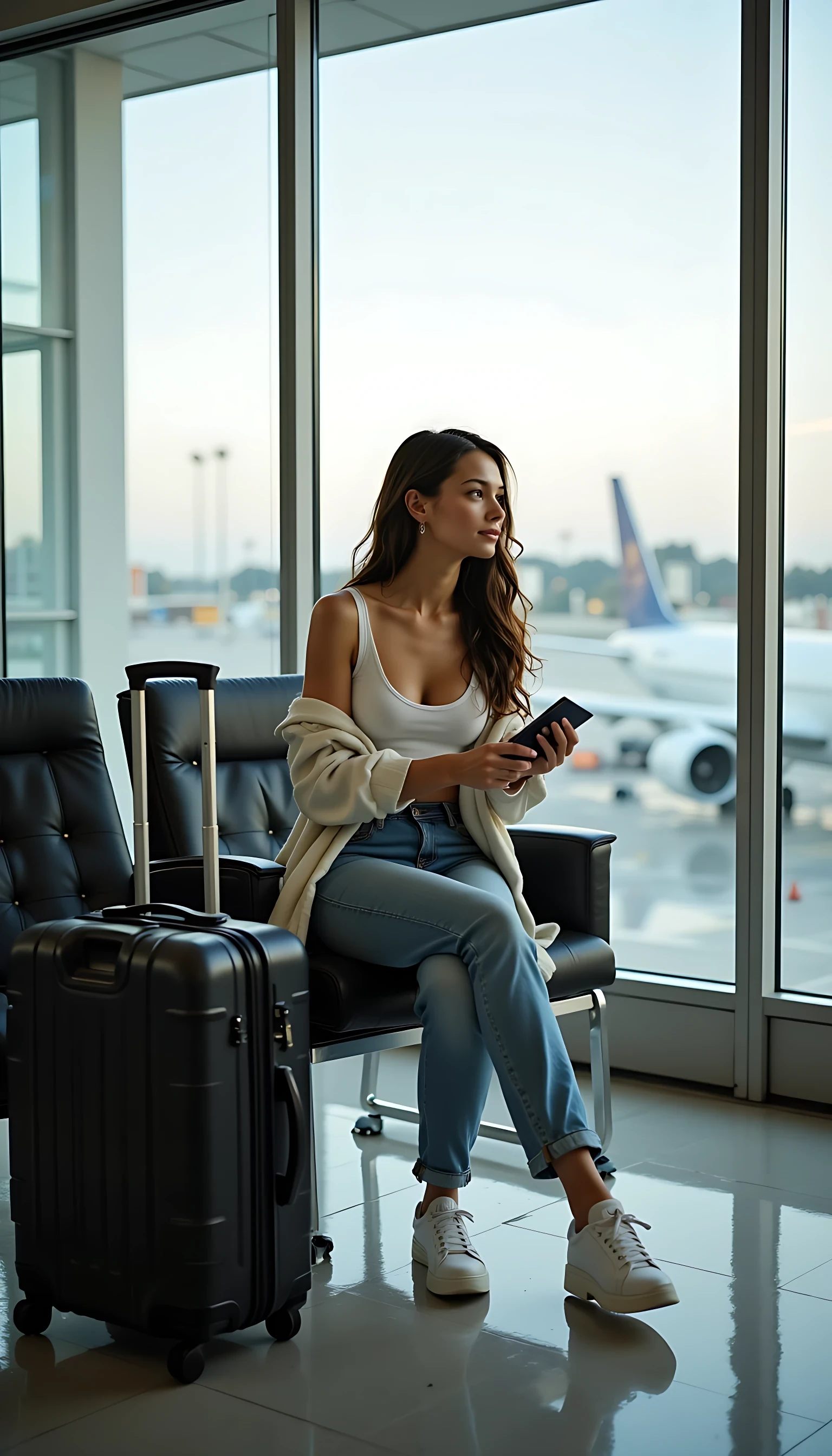CSTMDL, ultra-realistic image of a stunning young woman sitting in an airport lounge, waiting for her flight. She has a stylish modern look: fitted jeans, a white crop top, light jacket casually over her shoulders, and trendy sneakers. A sleek carry-on suitcase is beside her, and she’s holding her passport and boarding pass while glancing thoughtfully toward the big glass windows showing airplanes outside. Soft natural light from the windows highlights her face and hair, capturing a cinematic travel vibe. The atmosphere should feel elegant, cosmopolitan, and slightly dreamy, like the beginning of an exciting journey.