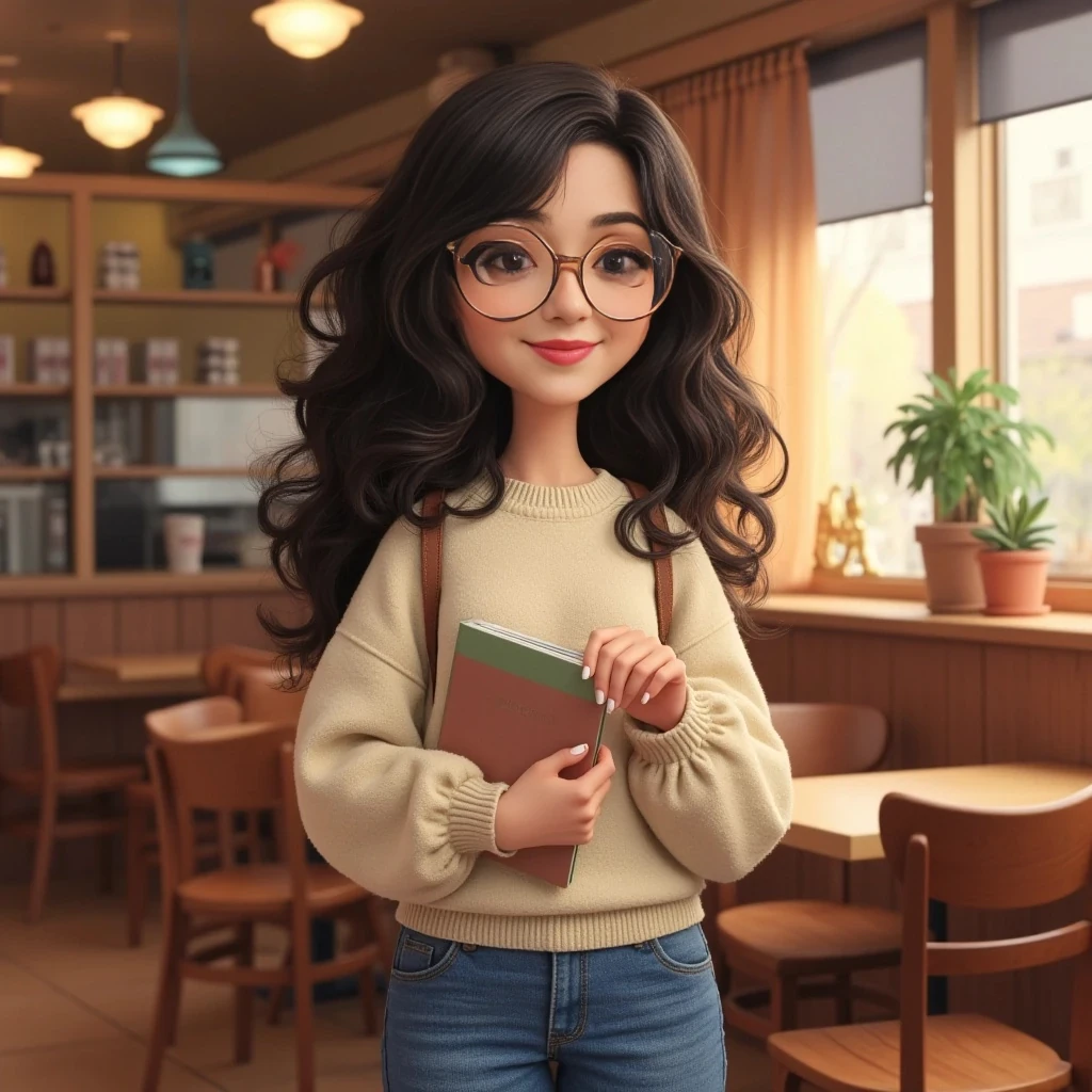 A 5’2” Caucasian girl with long, dark curly hair, wearing clear-framed glasses, and a cute, warm smile. She has neatly manicured white nails. Dressed in a casual, pastel-colored sweater and jeans, standing in a cozy coffee shop with soft lighting, holding a book. Detailed, realistic style, vibrant colors.”