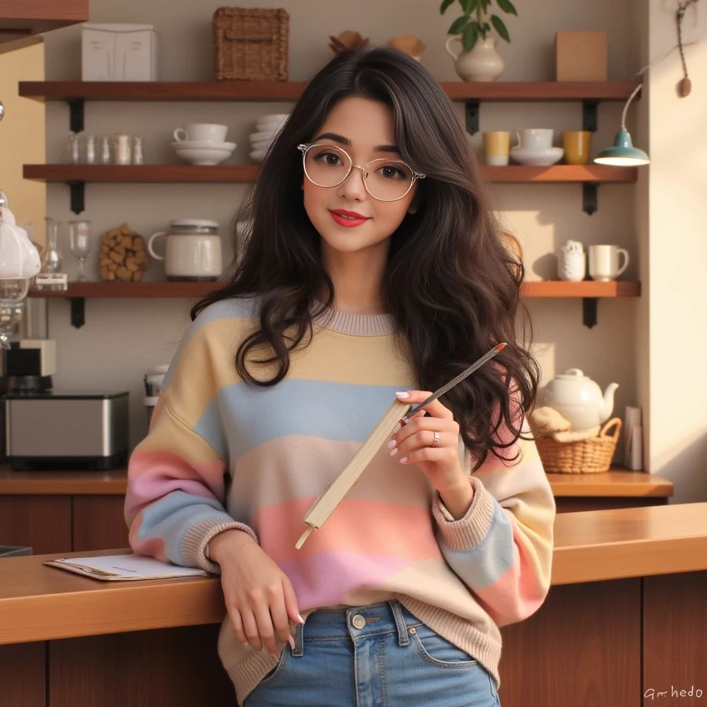 A 5’2” Caucasian girl with long, dark curly hair, wearing clear-framed glasses, and a cute, warm smile. She has neatly manicured white nails. Dressed in a casual, pastel-colored sweater and jeans, standing in a cozy coffee shop with soft lighting, holding a book. Detailed, realistic style, vibrant colors.”