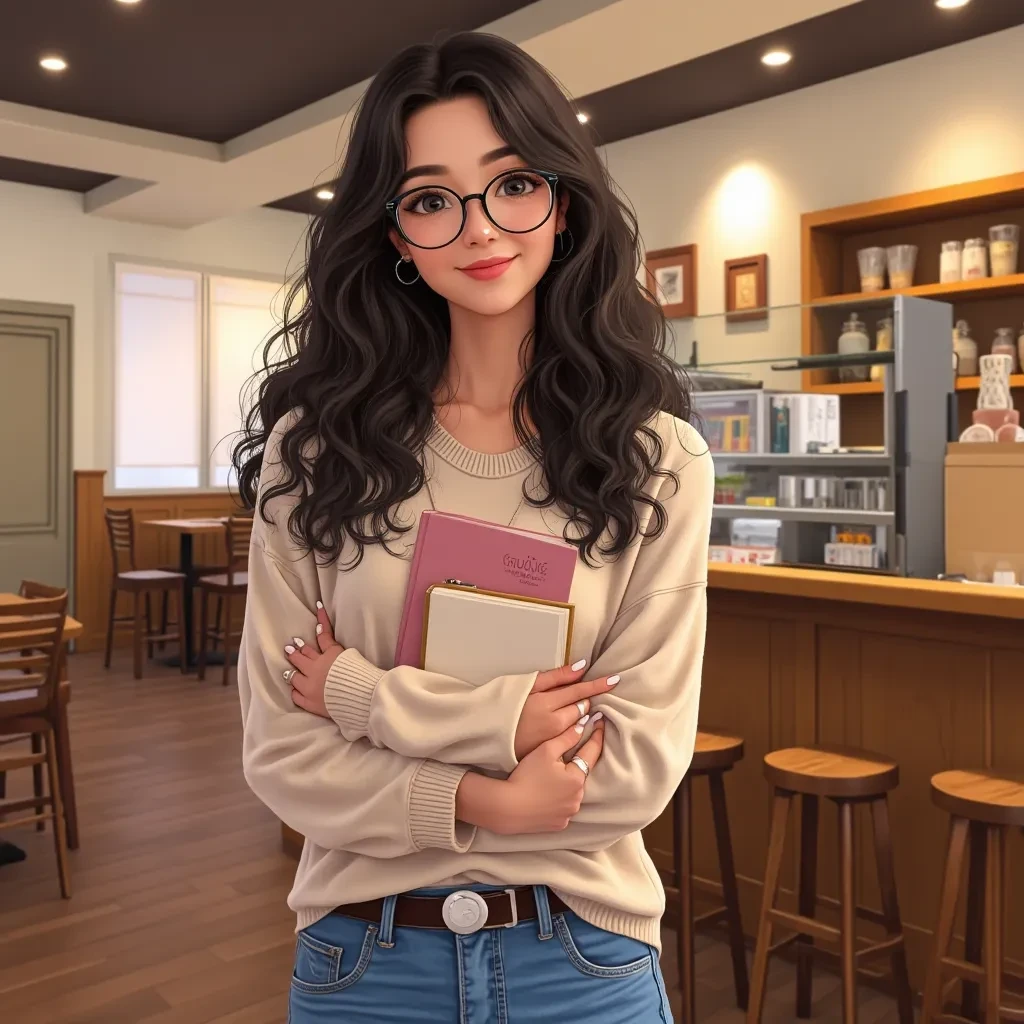 A 5’2” Caucasian girl with long, dark curly hair, wearing clear-framed glasses, and a cute, warm smile. She has neatly manicured white nails. Dressed in a casual, pastel-colored sweater and jeans, standing in a cozy coffee shop with soft lighting, holding a book. Detailed, realistic style, vibrant colors.”