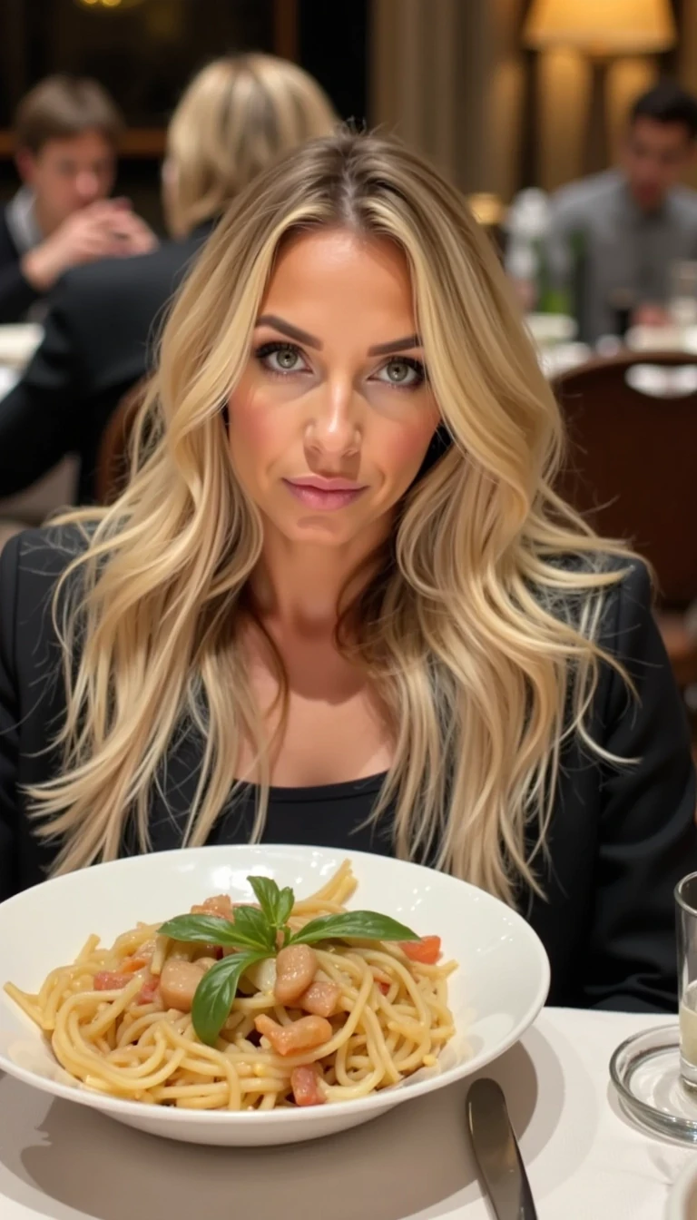 CSTMDL with blonde hair across the table at a restaurant
