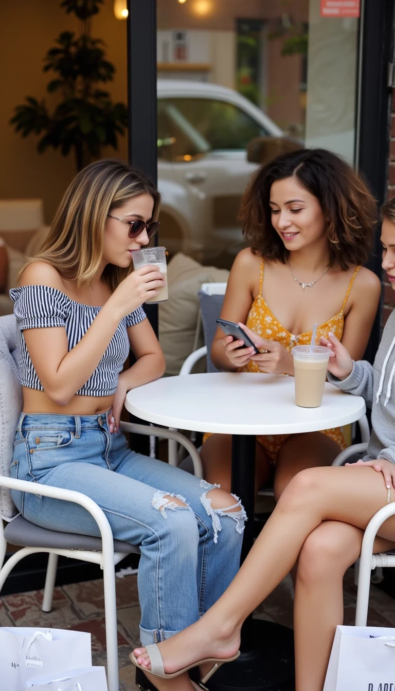 The three friends sitting at a cozy outdoor café table surrounded by shopping bags. The main model, petite with blonde hair streaked black and red, is leaning back in her chair with sunglasses on, sipping iced latte, wearing the same casual jeans and crop top. Her brunette friend in a sundress is laughing while showing something on her phone. The short-haired friend in a hoodie is leaning forward with a smirk, stirring her drink. Mood: relaxed, candid, post-shopping hangout. Camera: lifestyle photography, candid group shot, warm afternoon light, photorealistic detail. CSTMDL 