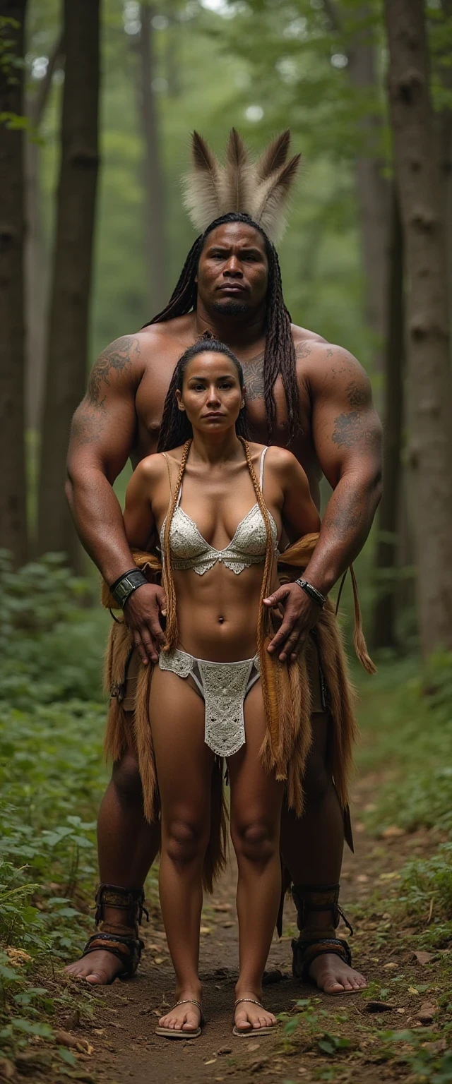 photo of woman CSTMDL, a medium shot photo of, a slim woman, her full body is in the scene, she has a slender petite build with petite small boobs and a flat chest, she has small dark skin nipples with long pointy nipple ducts and small dark skinned areolas, her hair is styled with two long braids she has eagle plumes in her hair, she is not wearing earrings, she is wearing a native American style vest in a golden yellow color over top of her underwear, her vest is open exposing her strapless bra, her bra is a strapless white lace bra, she is wearing white lace panties, she is wearing ankle height smoked hide moccasins, natural lighting, natural light, amateur photography, shot on an iPhone, she is standing with her legs spread wide apart in a densely wooded forest, she is maintaining intense eye contact with the camera, there is a giant native American fat man three times her height standing directly behind her holding onto gripping the woman's waistline, the man is holding her in front of him, the man is a real giant three times the height of an average male, public setting, Hyper realism, ultra-sharp focus, highly detailed, natural lighting, natural light, amateur photography,
