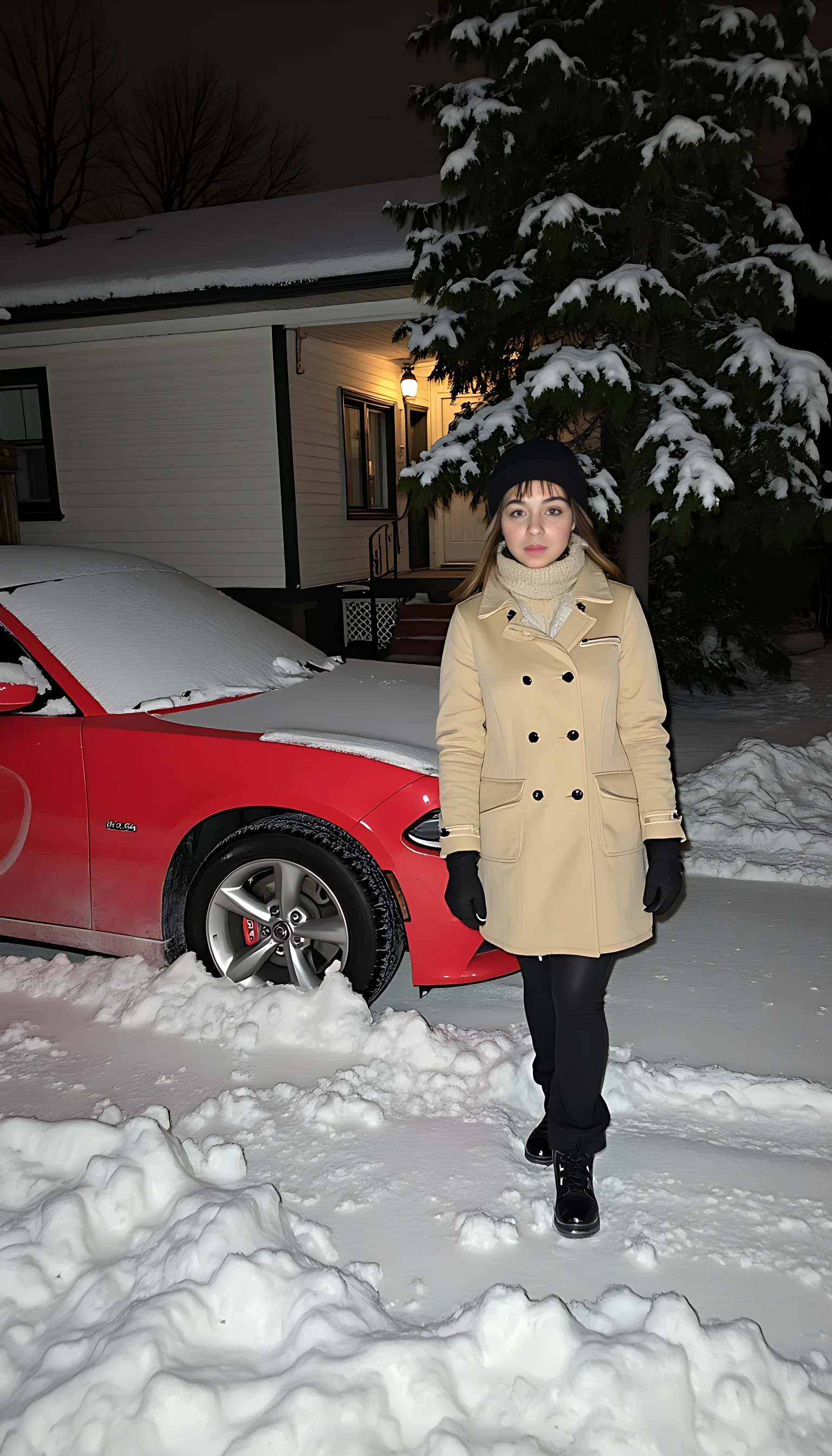She is standing outside her home, wearing overcoat and long winter shoes, her home is small but beautiful canadian type house, a red mustang charger on side. Maple trees are around house, night time, very heavy snowfall. Her feet are half in snow 