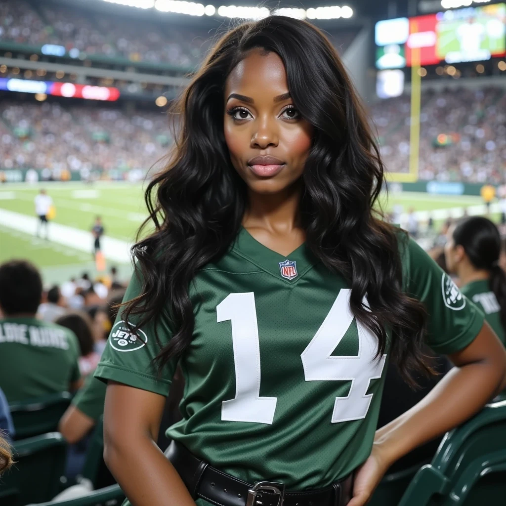 half body iphone selfie photo of woman CSTMDL. She’s at metlife stadium watching the jets and steelers game. She is sitting in the bleachers cheering for the jets. She’s wearing a jets football jersey with a hint of cleavage showing with black pants. huge croud of females and men wearing jets and steelers jerseys.

She has deep brown almond-shaped eyes and long, wavy black hair flowing over her shoulders. Her figure is curvy and feminine, with a confident presence. She has large breast and big butt. Her fingernails feature a long-length squared white French square manicure, and her toenails are polished in a matching French pedicure.

The shot should mimic a Snapchat selfie look — casual, slightly grainy, soft-focused, as if captured quickly on a phone. Her expression is relaxed, smiling slightly with a natural vibe and authentic selfie feel.